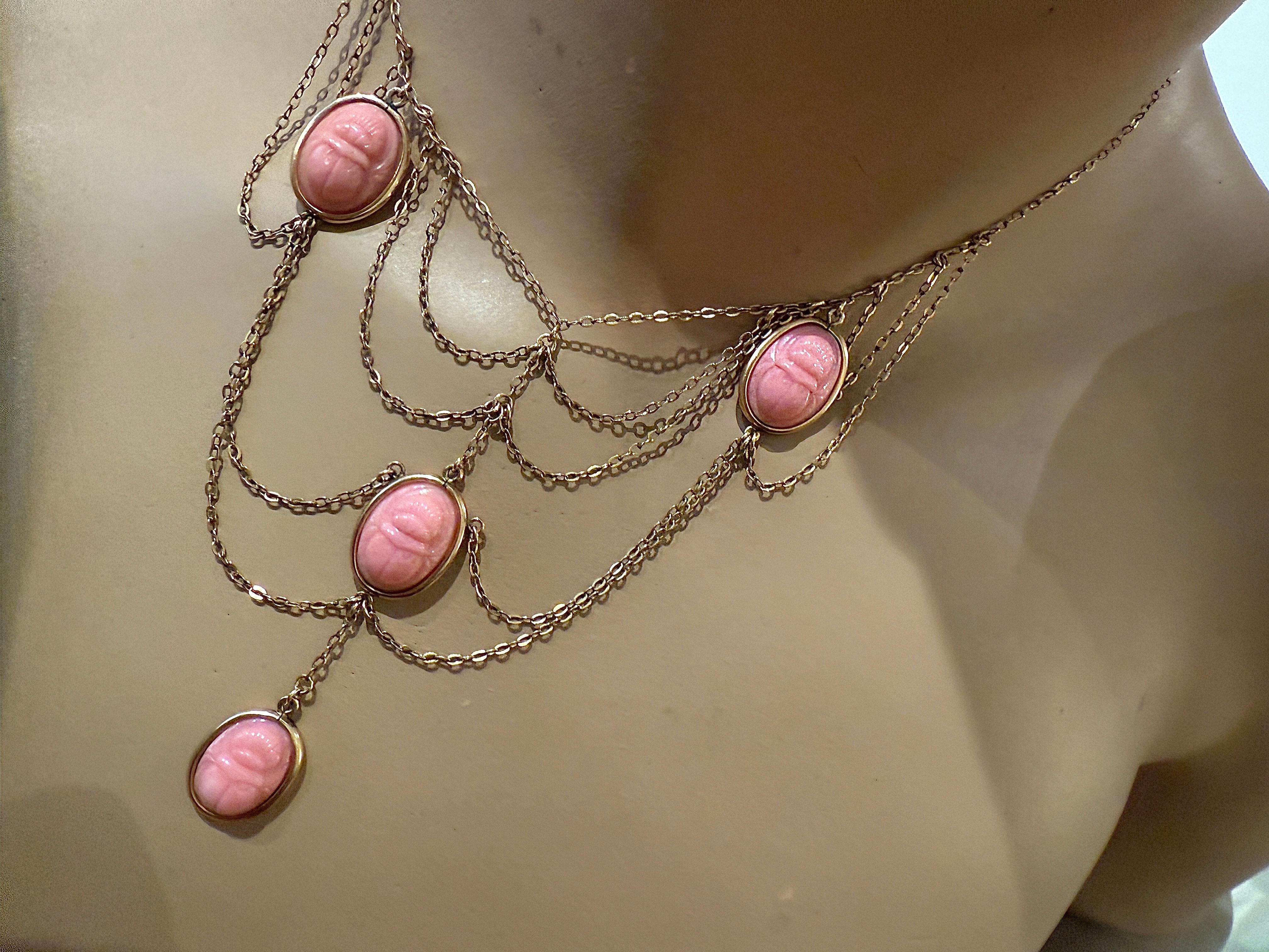 Antique Egyptian Revival Scarab Festoon Necklace Pink Glass Gilt Metal For Sale 3