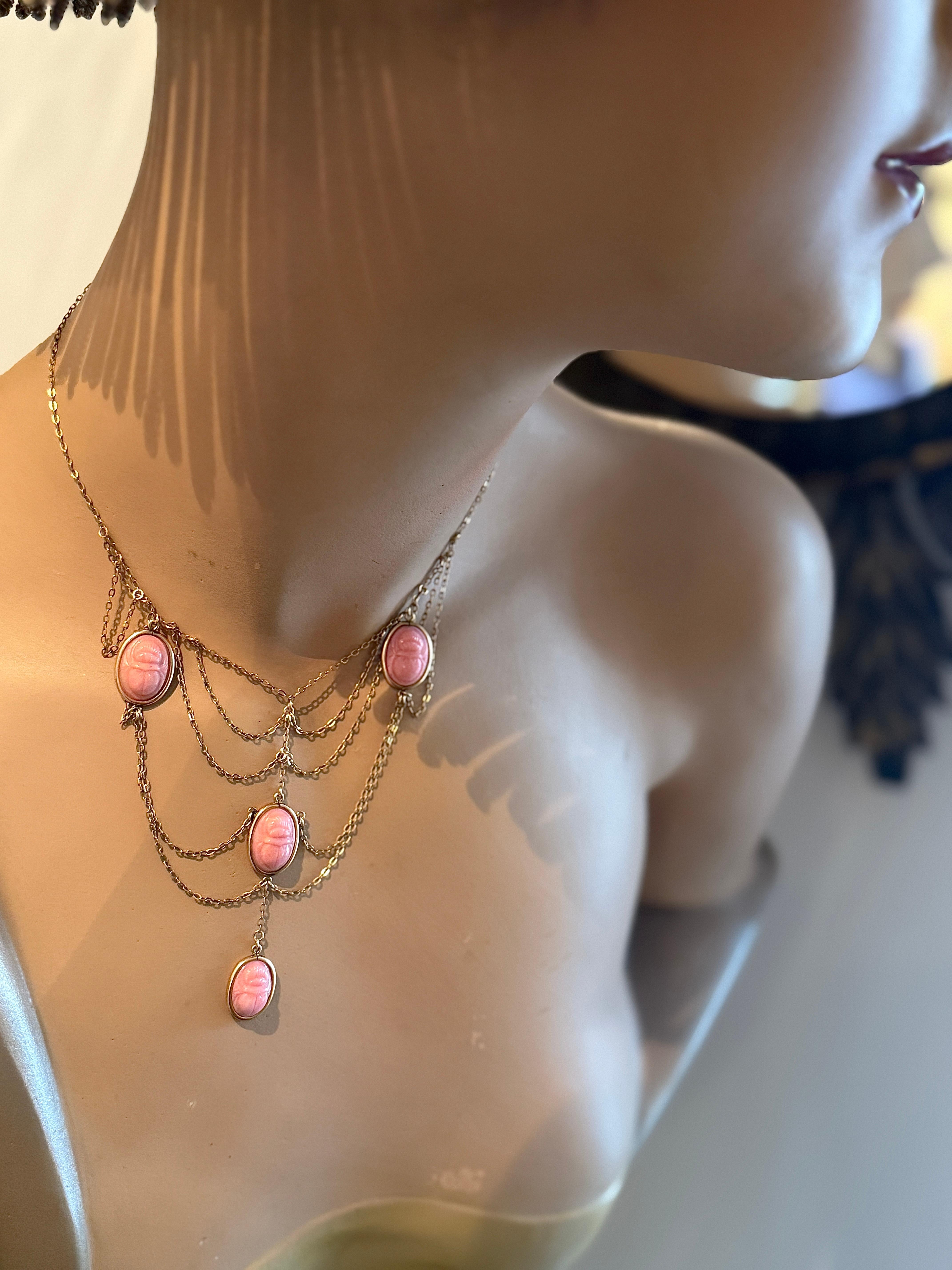 Antique Egyptian Revival Scarab Festoon Necklace Pink Glass Gilt Metal For Sale 4