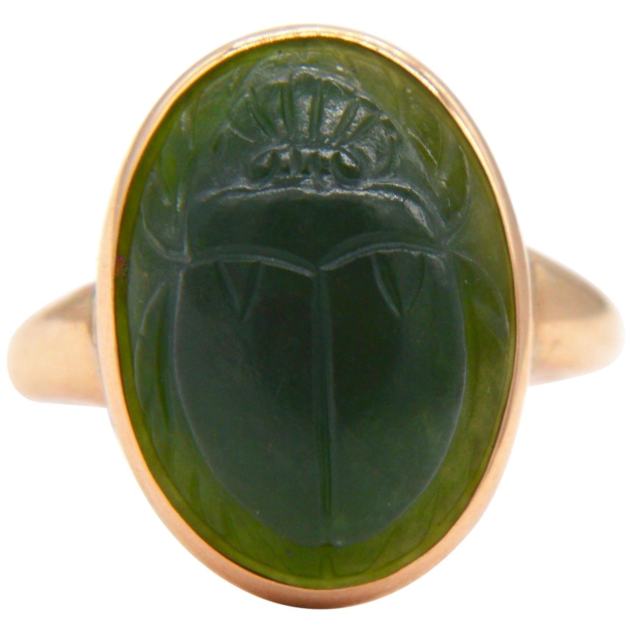 Antique Egyptian Revival Scarab Jade Art Deco 14 Karat Rose Gold Ring