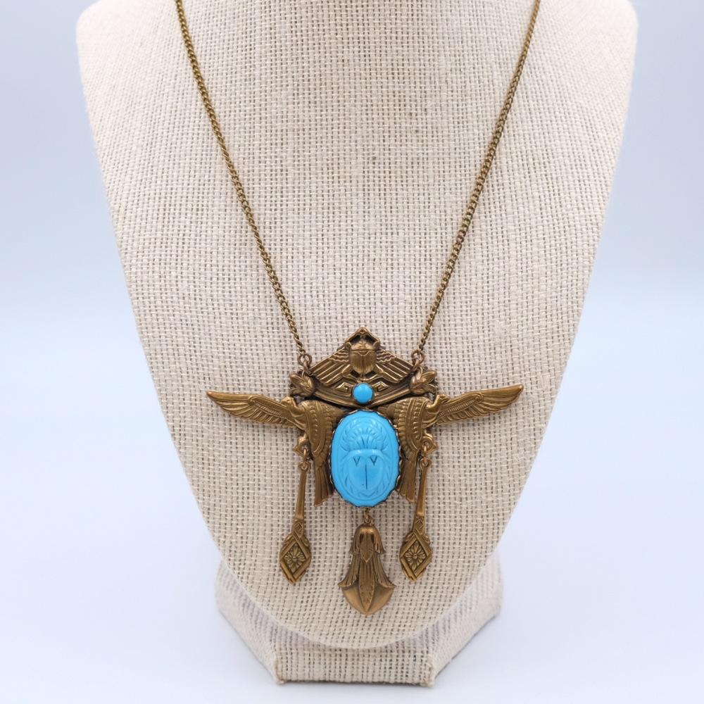 Antique Egyptian Revival Scarab Necklace 1930s In Excellent Condition In Austin, TX