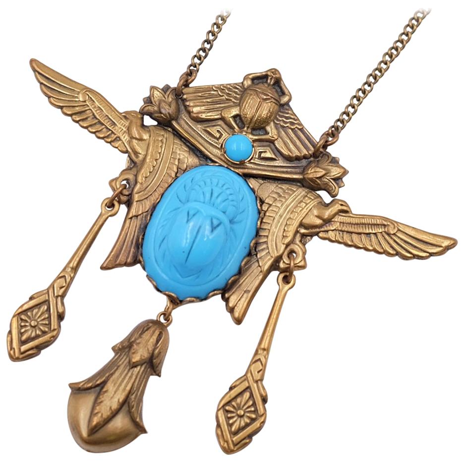 Antique Egyptian Revival Scarab Necklace 1930s