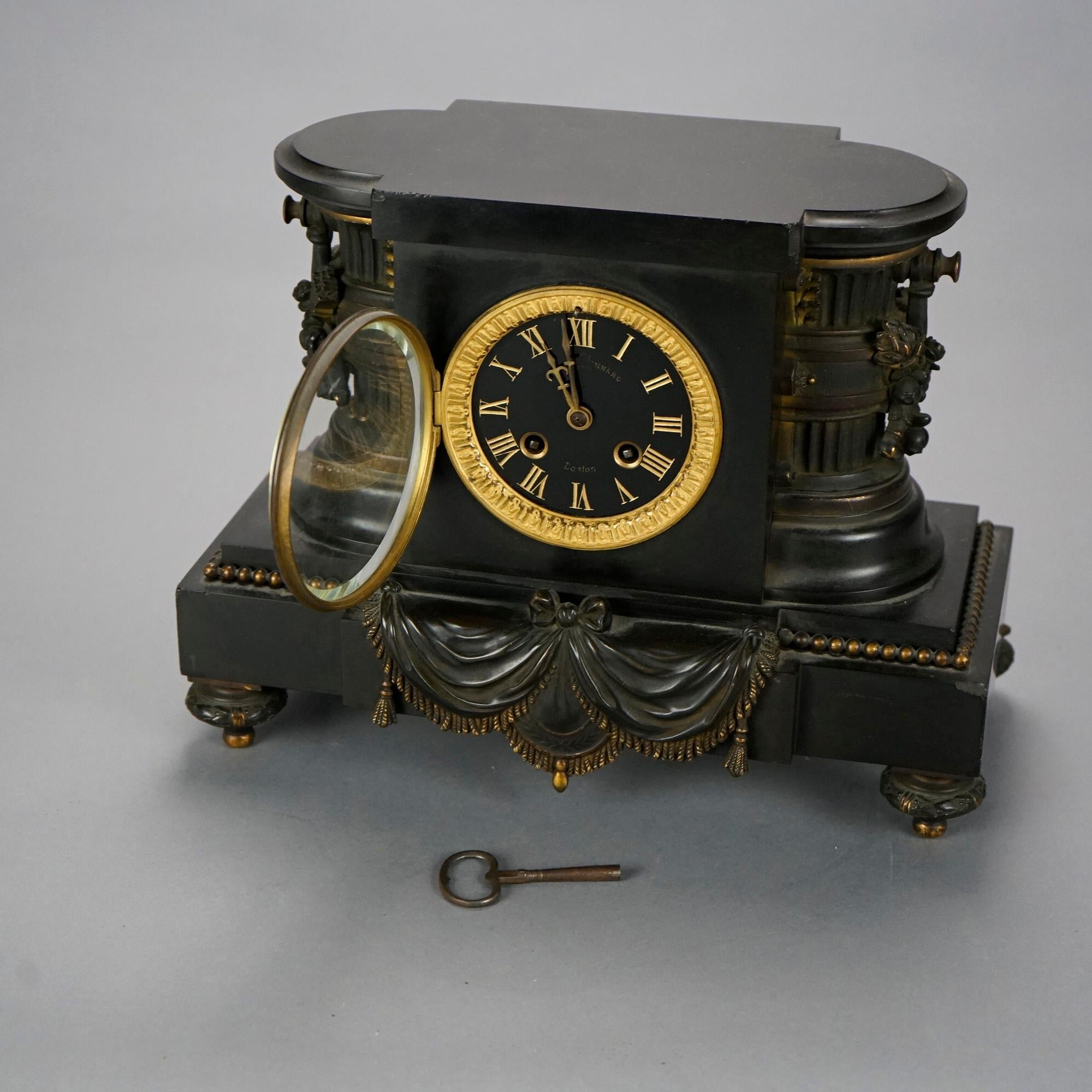 French Antique Egyptian Revival Slate Mantle Clock, Bigelow Kennard Boston, 19thC