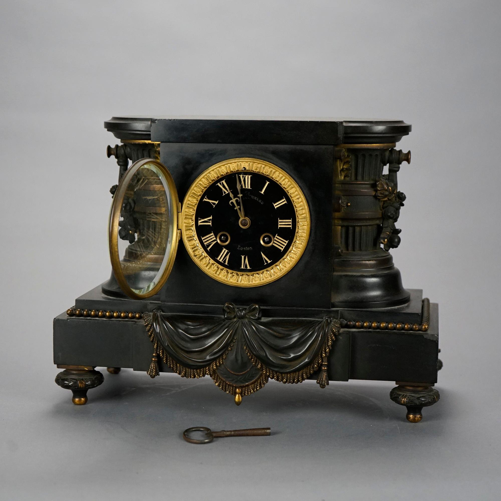 Antique Egyptian Revival Slate Mantle Clock, Bigelow Kennard Boston, 19thC In Good Condition In Big Flats, NY