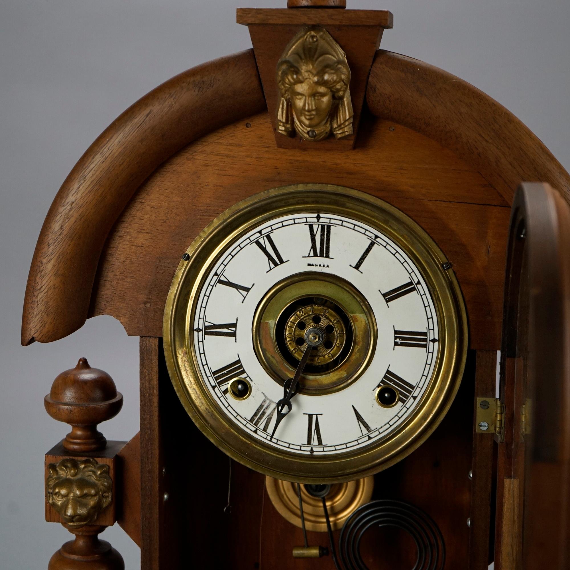 Antique Egyptian Revival Style Figural Carved Walnut Mantle Clock Circa 1900 6