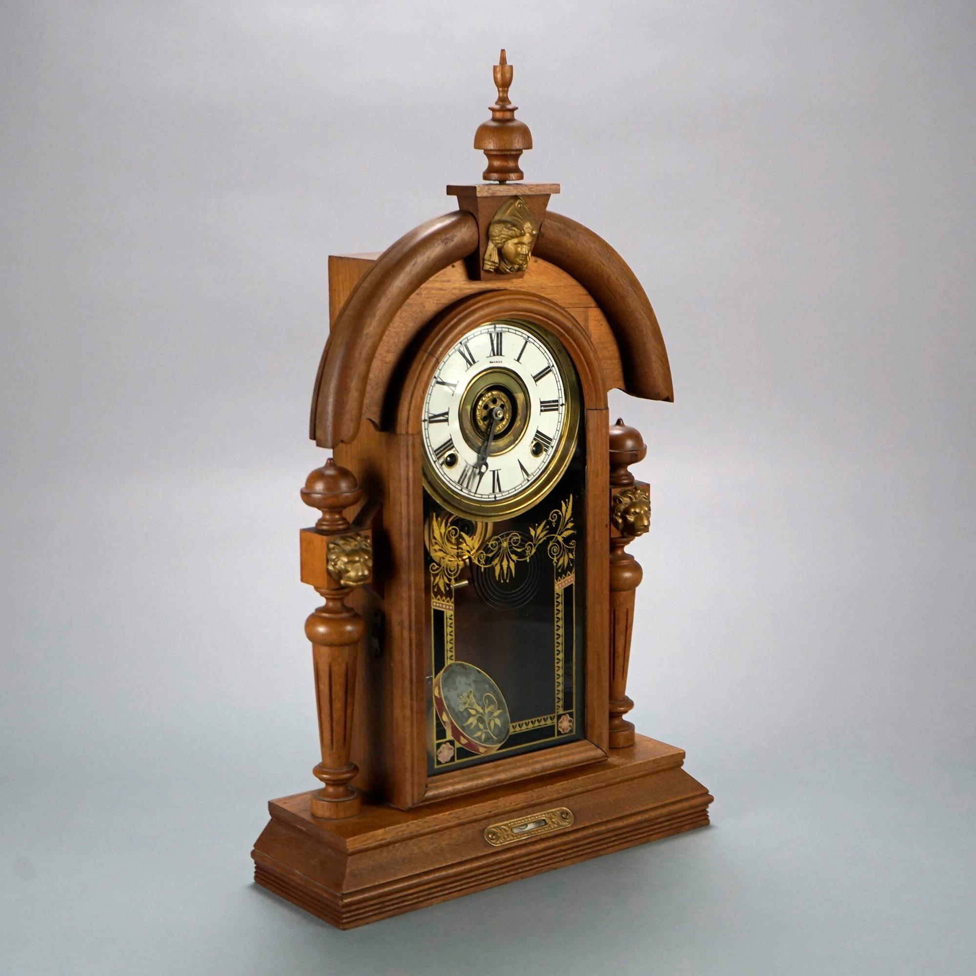 Antique Egyptian Revival Style Figural Carved Walnut Mantle Clock Circa 1900 In Good Condition In Big Flats, NY