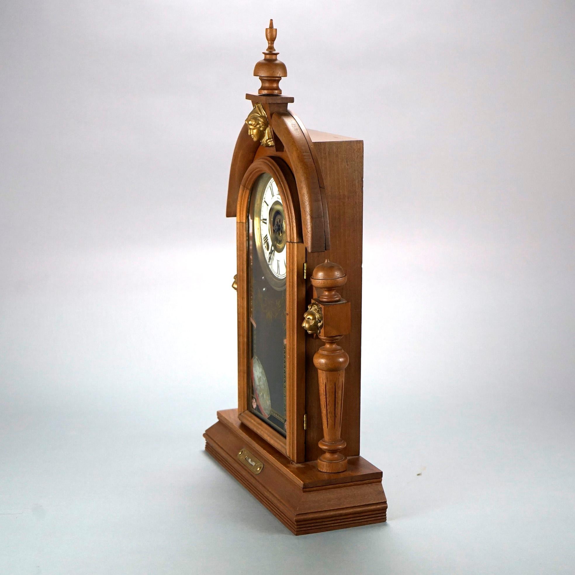 20th Century Antique Egyptian Revival Style Figural Carved Walnut Mantle Clock Circa 1900