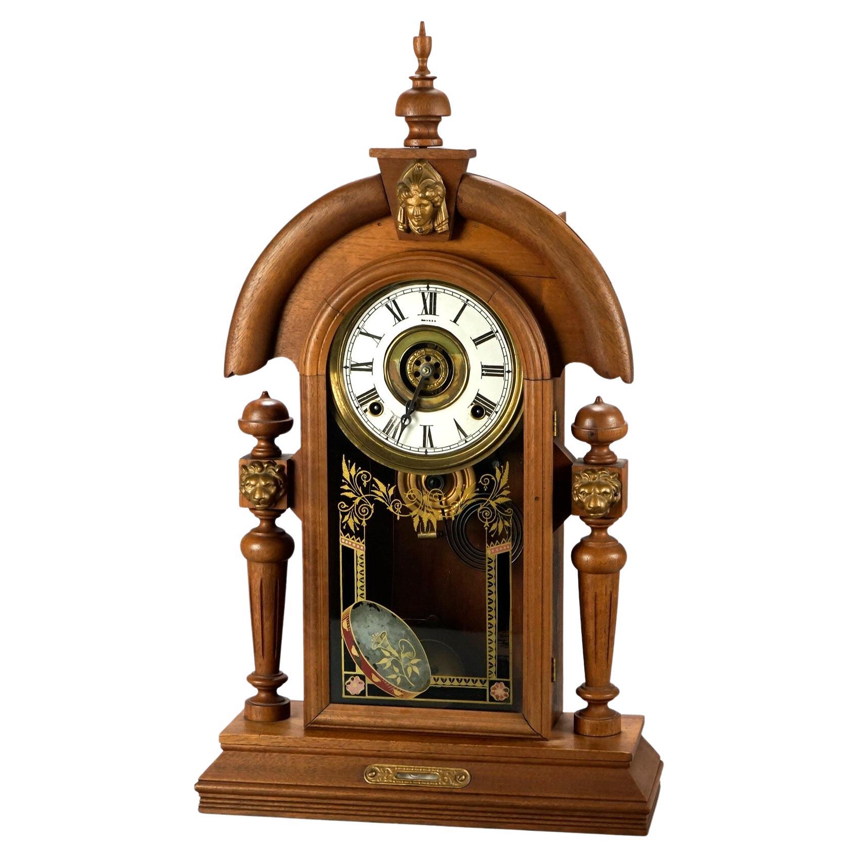 Antique Egyptian Revival Style Figural Carved Walnut Mantle Clock Circa 1900