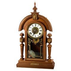 Antique Egyptian Revival Style Figural Carved Walnut Mantle Clock Circa 1900