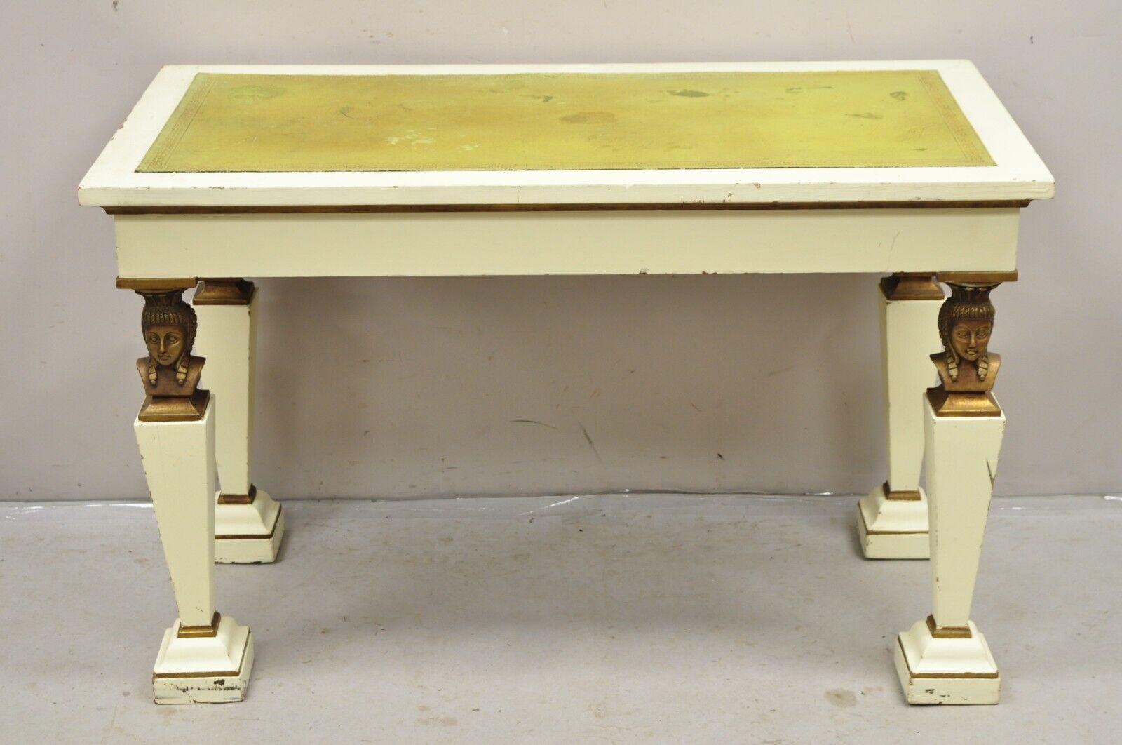 Antique Egyptian Revival Style Green Leather Top Figural 3 Drawer Console Table For Sale 6