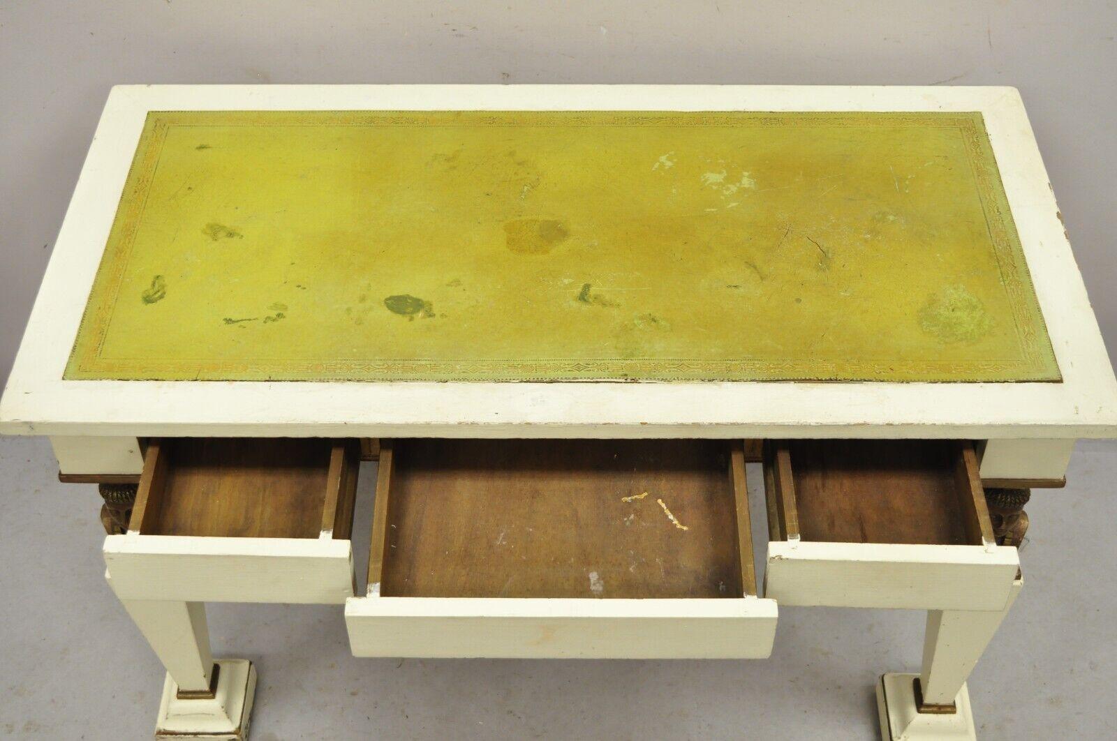 Antique Egyptian Revival Style Green Leather Top Figural 3 Drawer Console Table In Good Condition For Sale In Philadelphia, PA