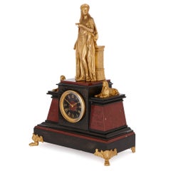 Antique Egyptian Revival Style Marble and Gilt Bronze Clock Set