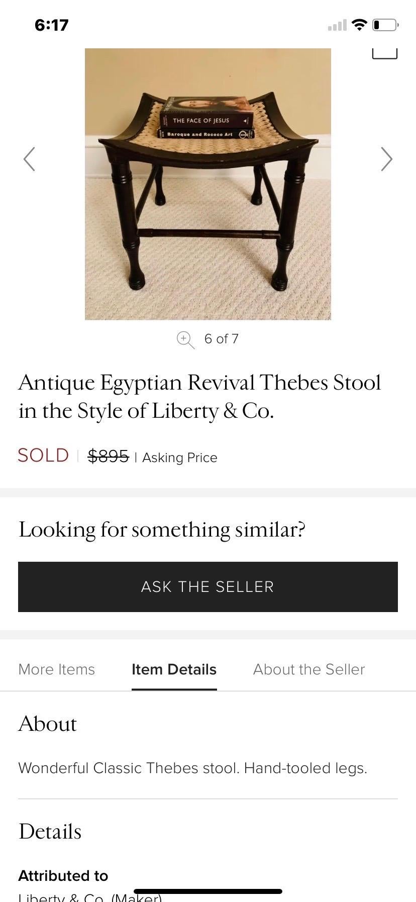 Antique Egyptian Revival Thebes Stool by Liberty & Co., ca. 1890 In Good Condition In West Reading, PA