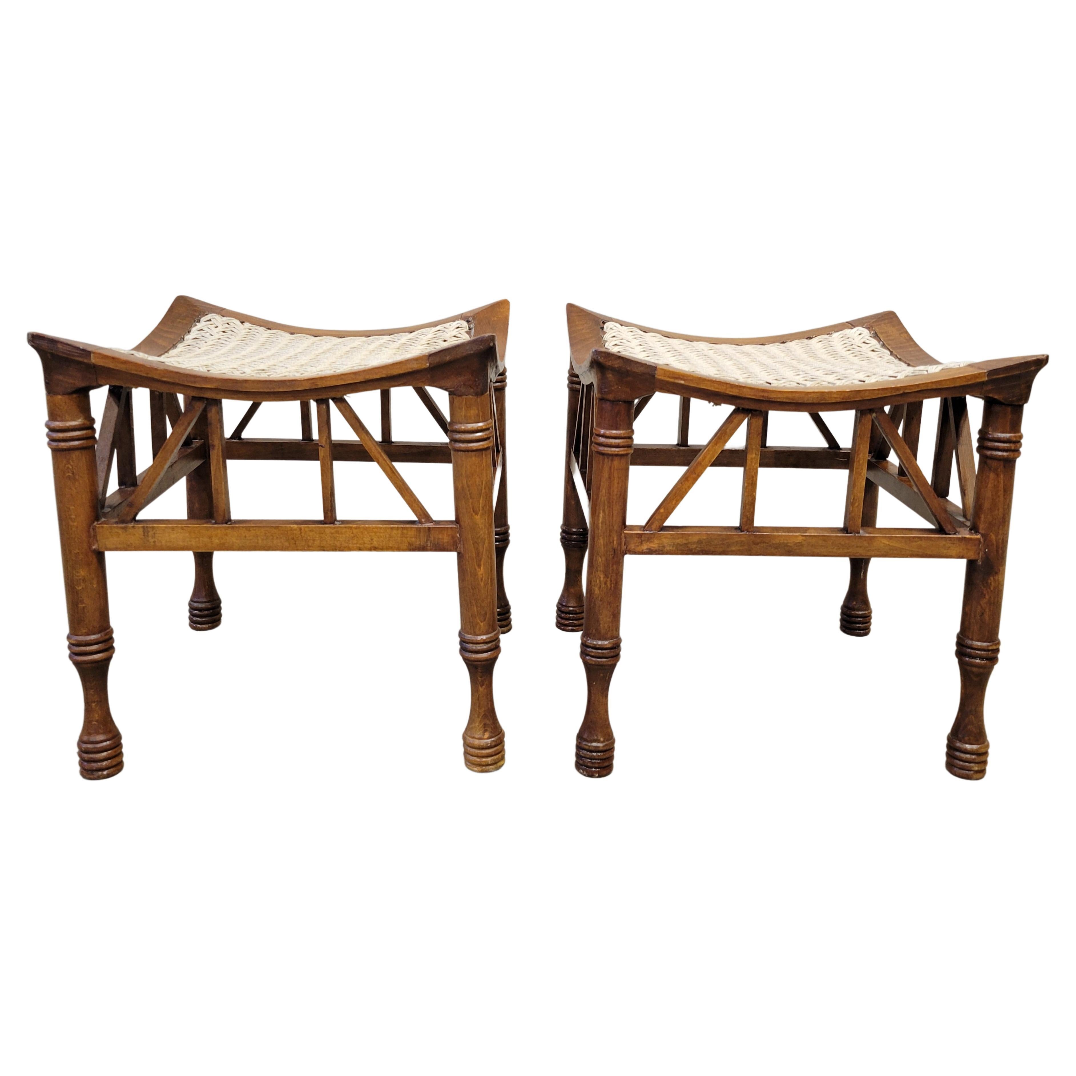 Antique Egyptian Revival Thebes Stools with Woven Cord Seats by Liberty & Co