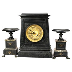 Antique Egyptian Revival Three-Piece Tilden Thurber Slate Clock Set 19th C