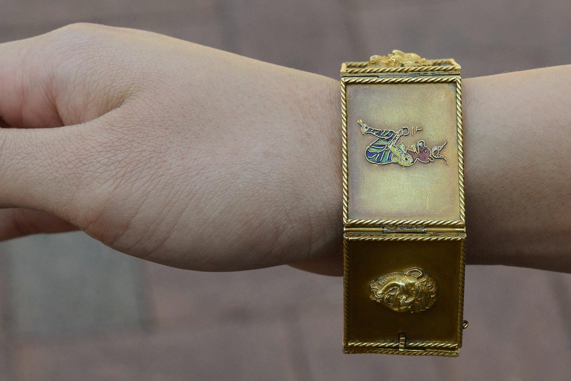 Antique Egyptian Revival Wide Enamel Story Bracelet In Fair Condition In Santa Barbara, CA