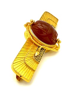 Antique Egyptian Revival Winged Scarab Brooch 18K Gold Carved Carnelian Intaglio
