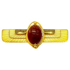 Antique Egyptian Revival Winged Scarab Brooch 18K Gold Carved Carnelian Intaglio