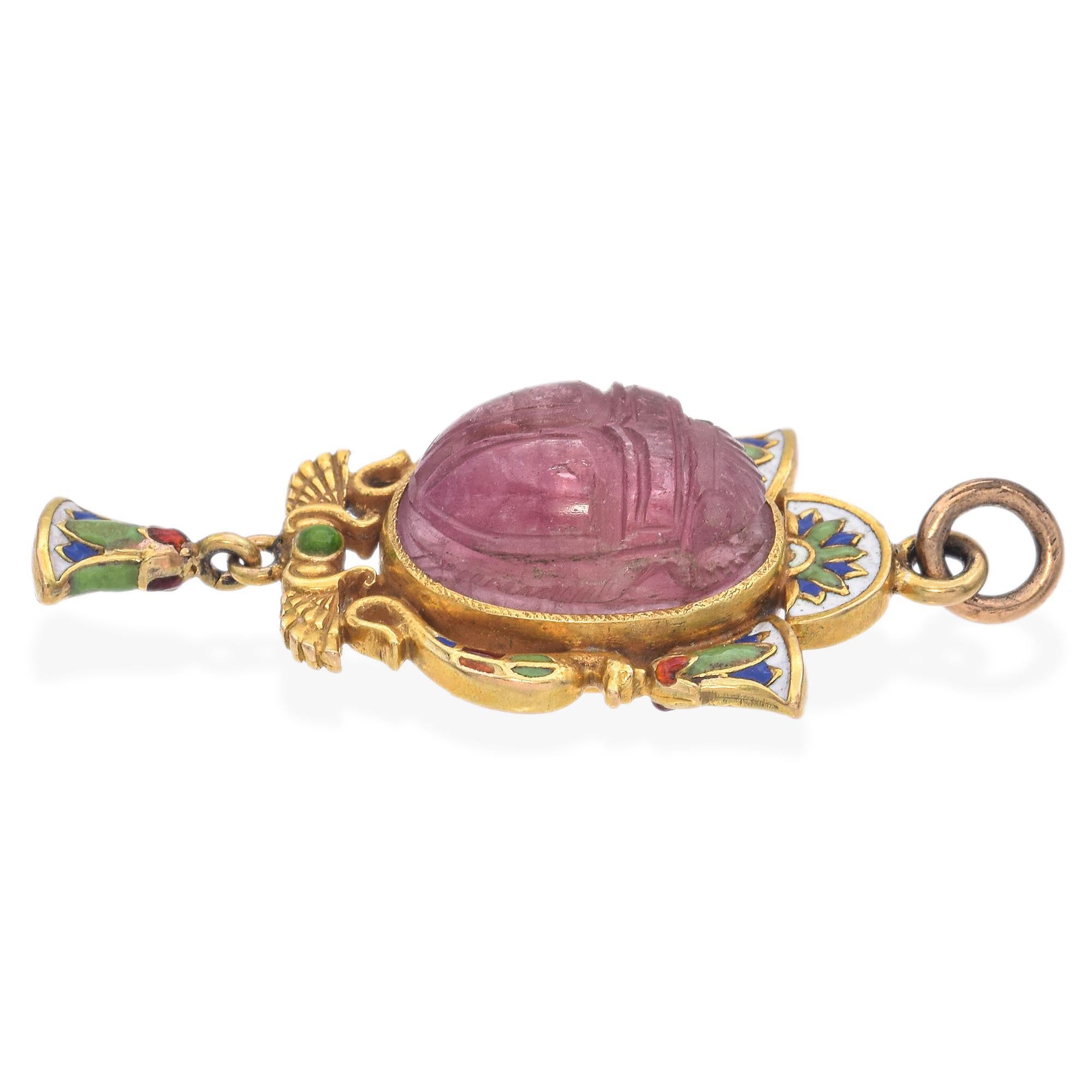 Uncut Antique Egyptian Revival Yellow Gold Pink Tourmaline Scarab and Enamel Pendant