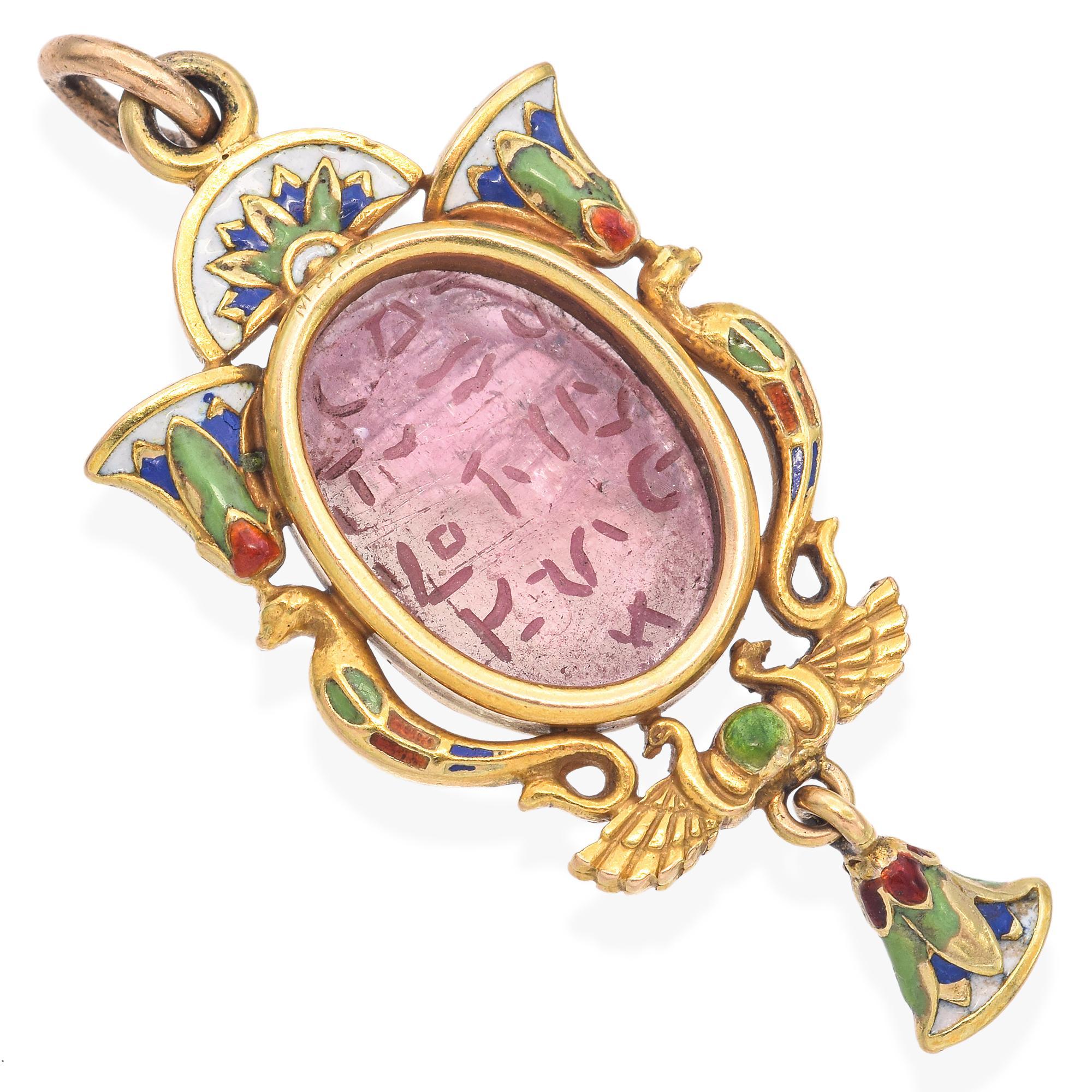 Antique Egyptian Revival Yellow Gold Pink Tourmaline Scarab and Enamel Pendant In Good Condition In New York, NY