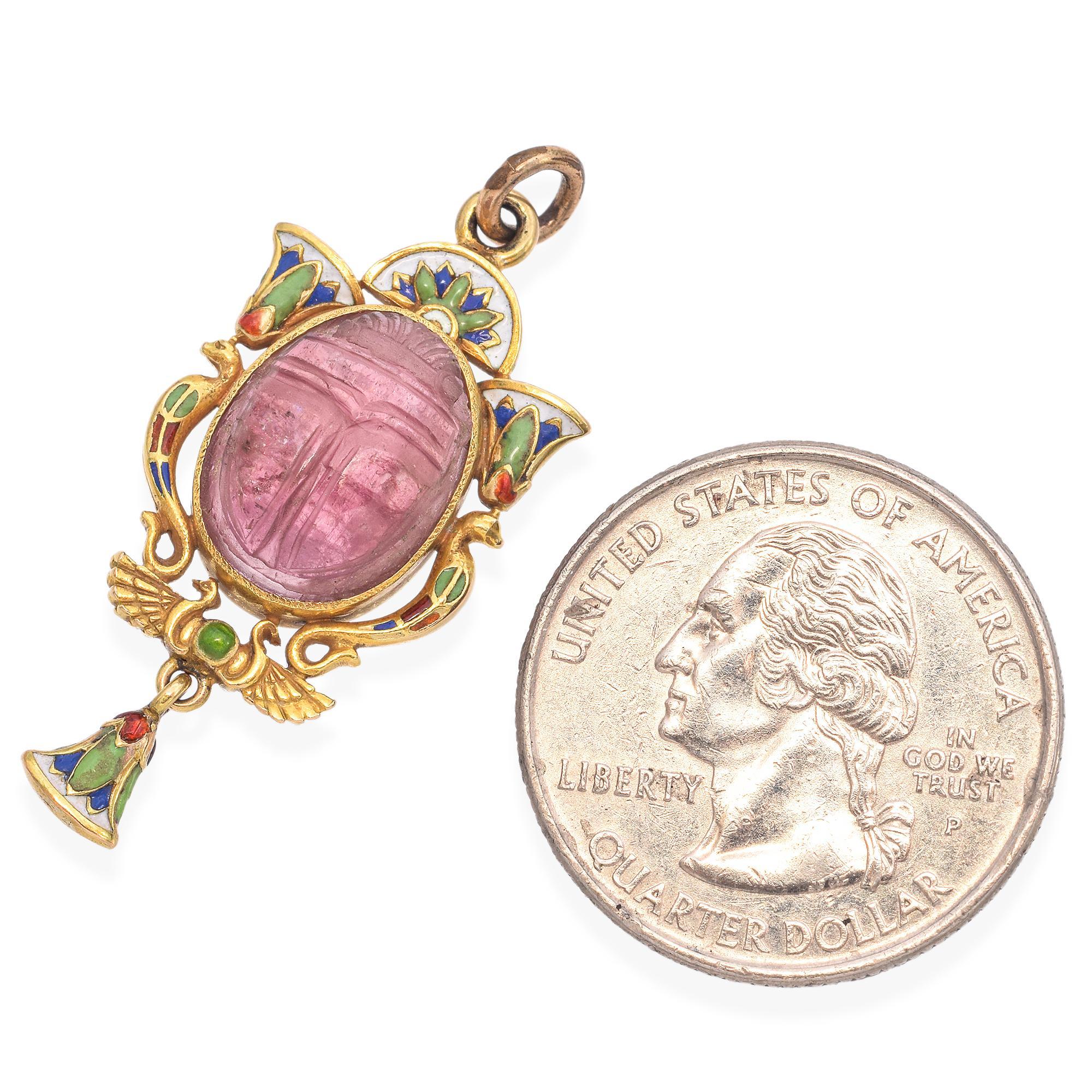 Women's Antique Egyptian Revival Yellow Gold Pink Tourmaline Scarab and Enamel Pendant