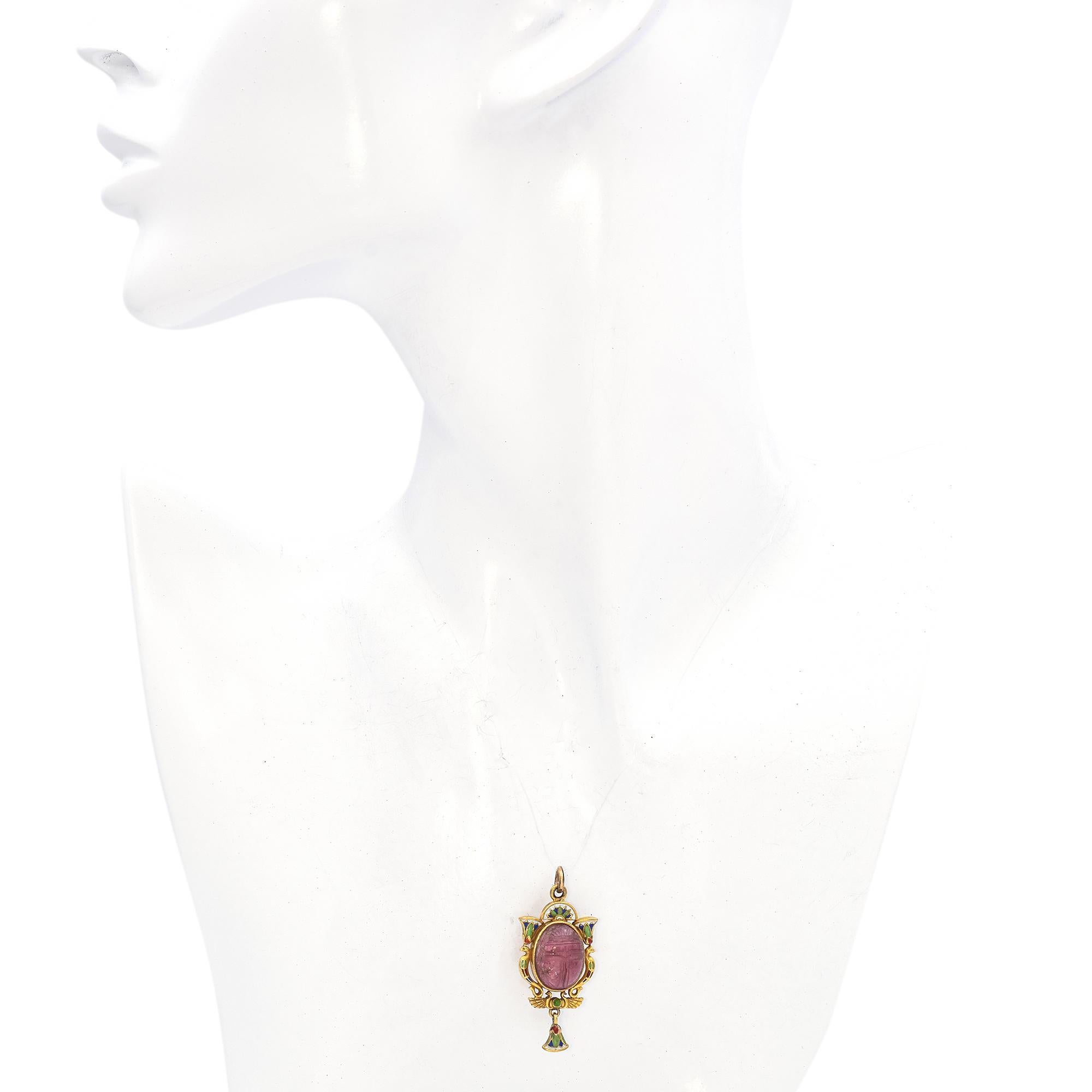 Antique Egyptian Revival Yellow Gold Pink Tourmaline Scarab and Enamel Pendant 1