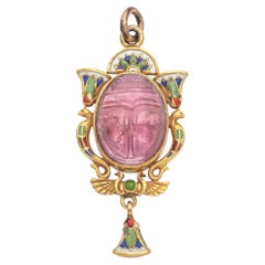 Vintage Egyptian Revival Yellow Gold Pink Tourmaline Scarab and Enamel Pendant