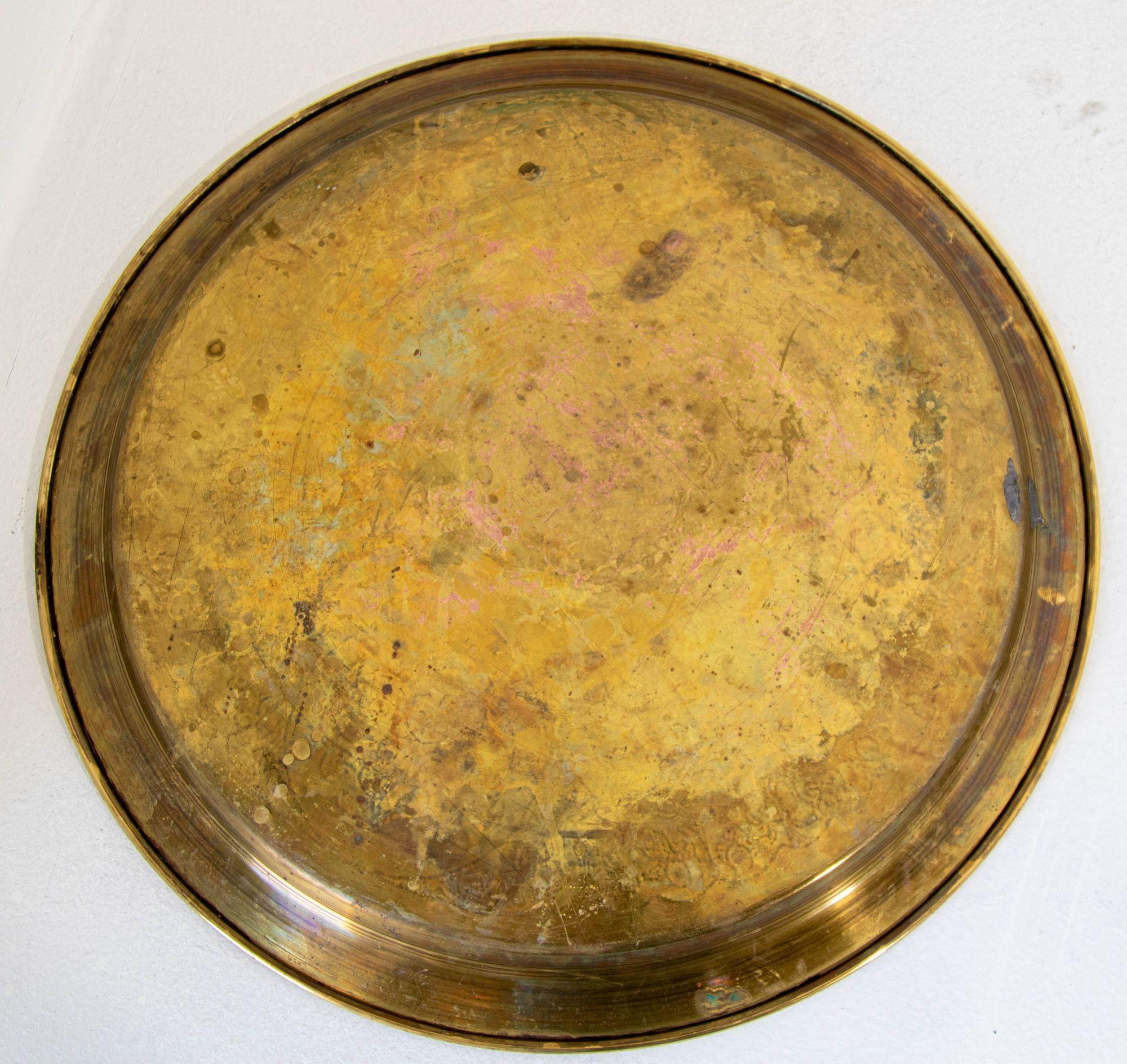 Antique Egyptian Round Brass Tray with Silver and Copper Overlay 17.25 inches For Sale 3