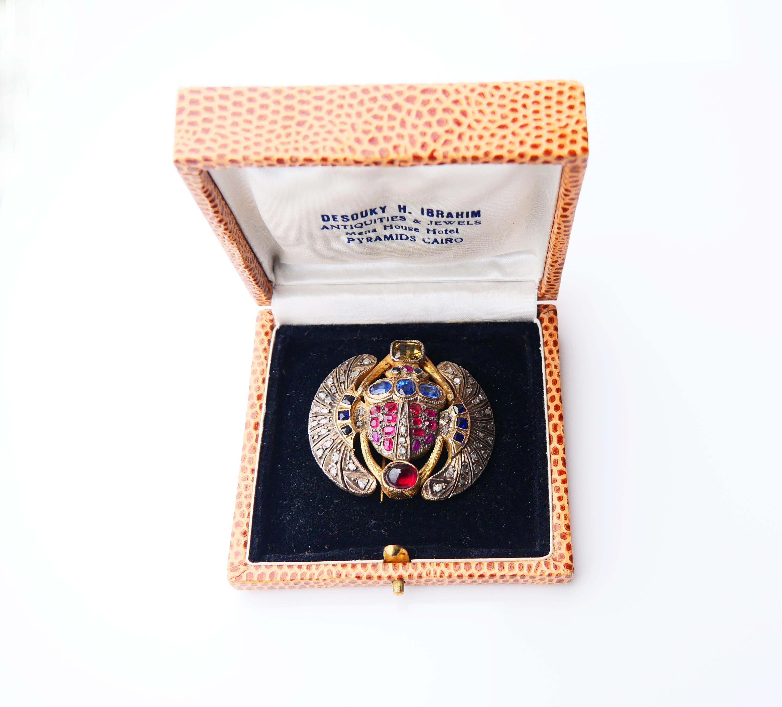 Antique Egyptian Scarab Brooch Ruby Sapphire Diamonds Citrine Garnet Gilt Silver For Sale 7