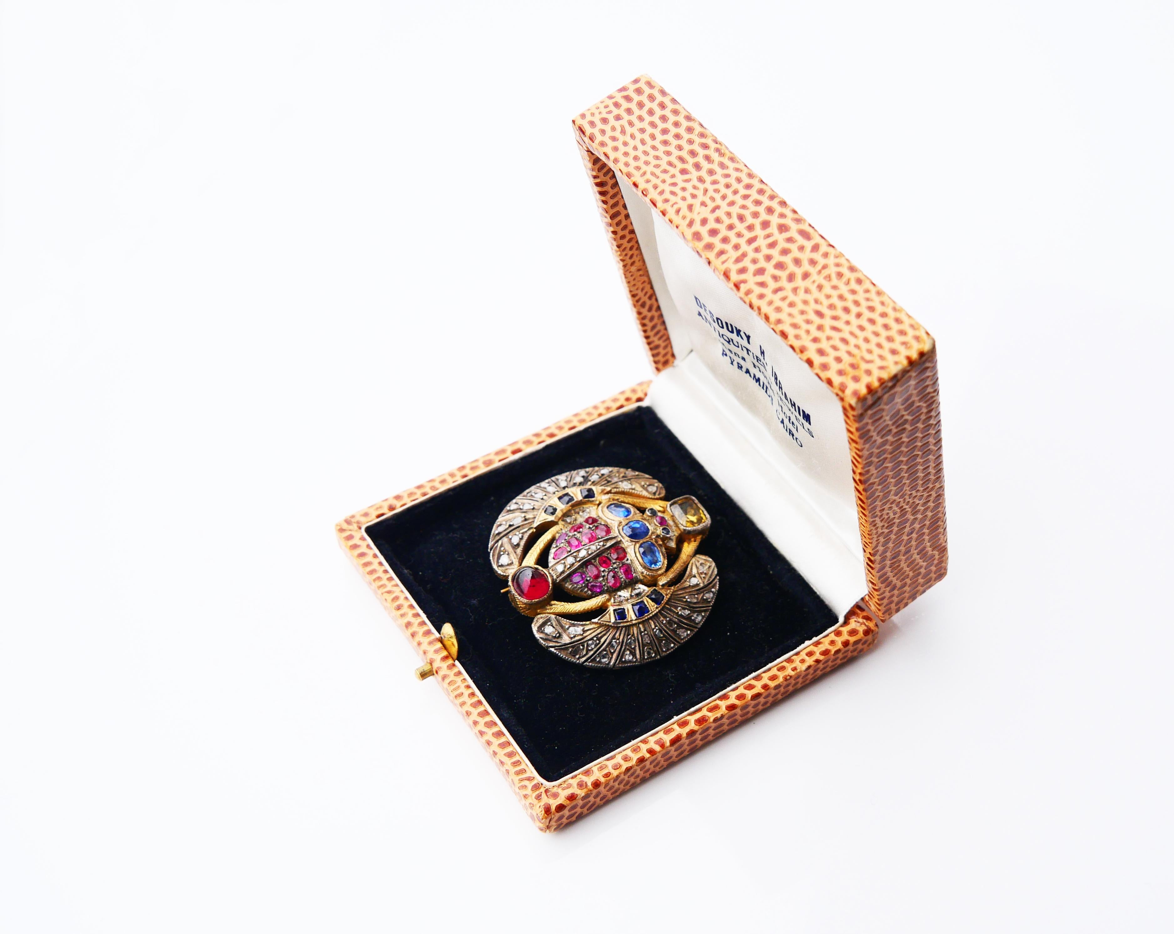Antique Egyptian Scarab Brooch Ruby Sapphire Diamonds Citrine Garnet Gilt Silver For Sale 8