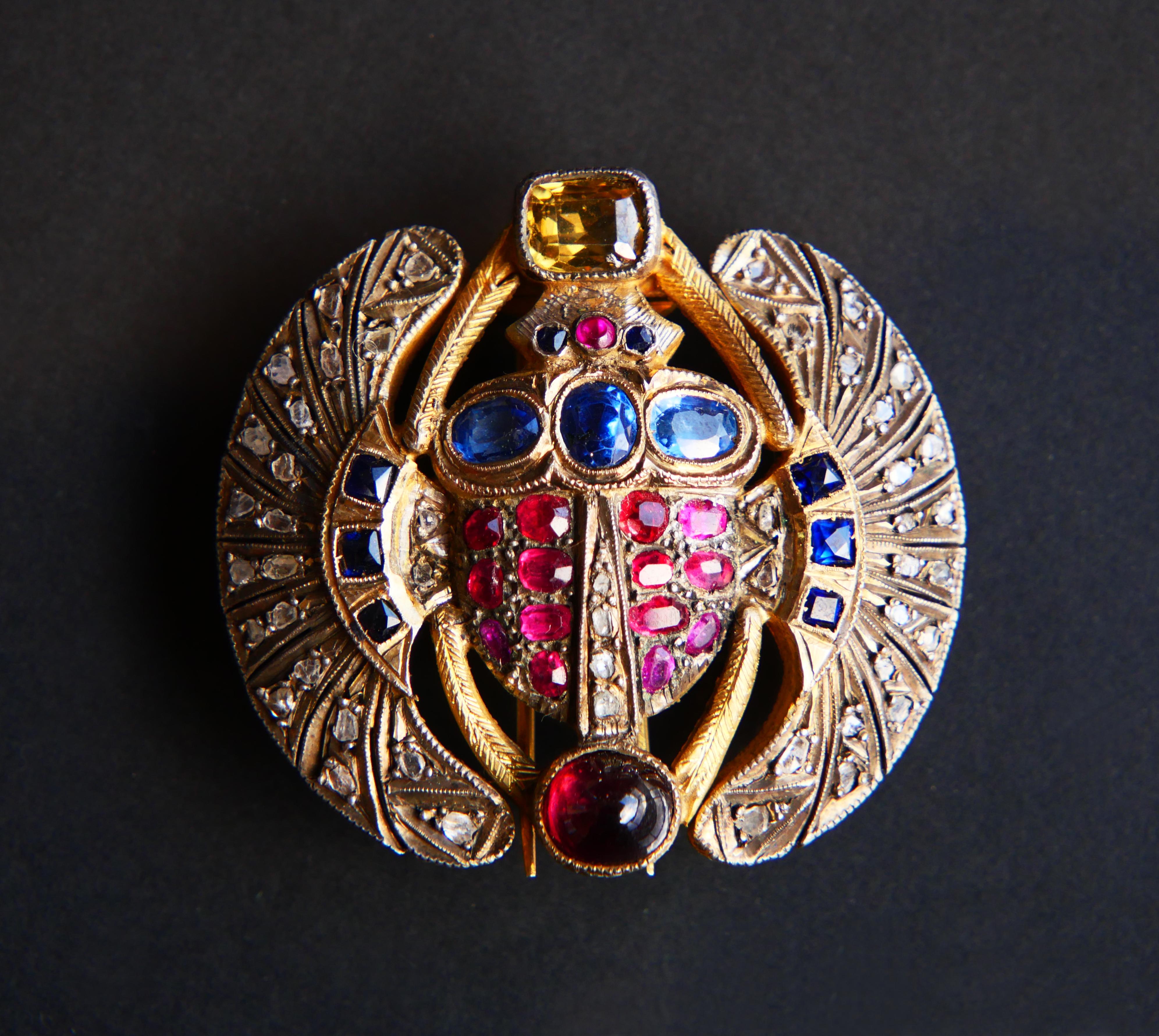 Antique Egyptian Scarab Brooch Ruby Sapphire Diamonds Citrine Garnet Gilt Silver For Sale 9