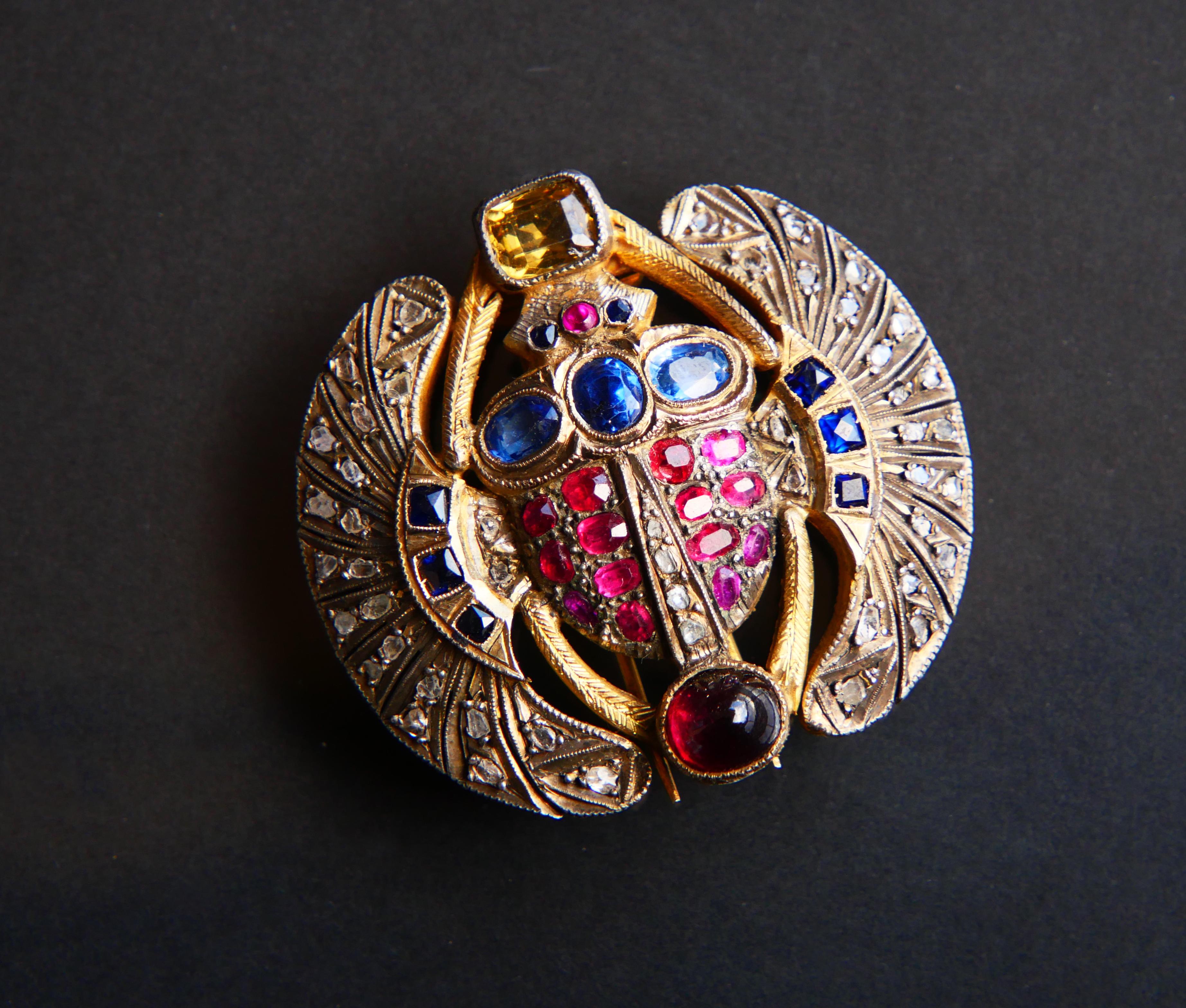 Antique Egyptian Scarab Brooch Ruby Sapphire Diamonds Citrine Garnet Gilt Silver For Sale 10
