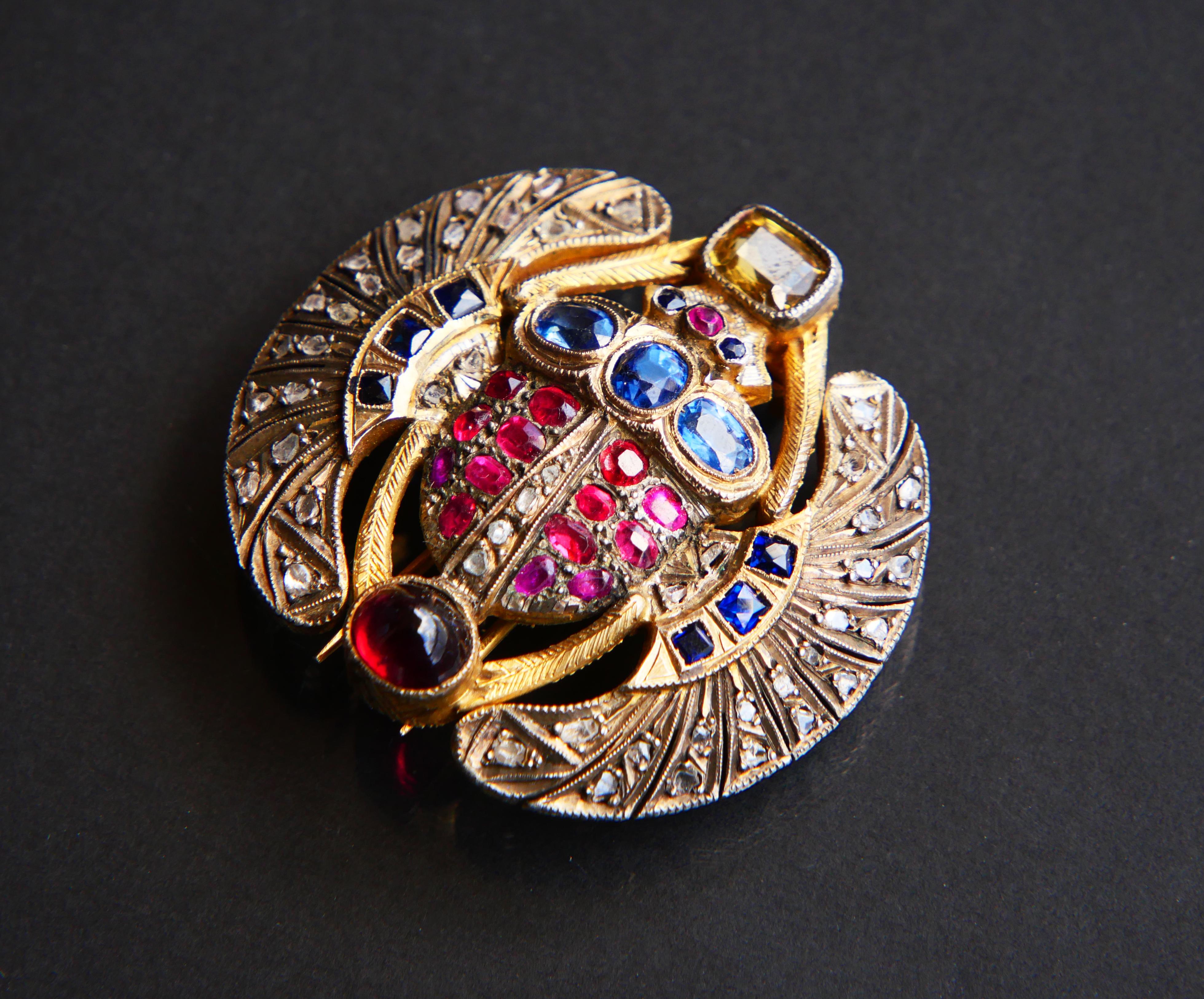 Antique Egyptian Scarab Brooch Ruby Sapphire Diamonds Citrine Garnet Gilt Silver For Sale 11