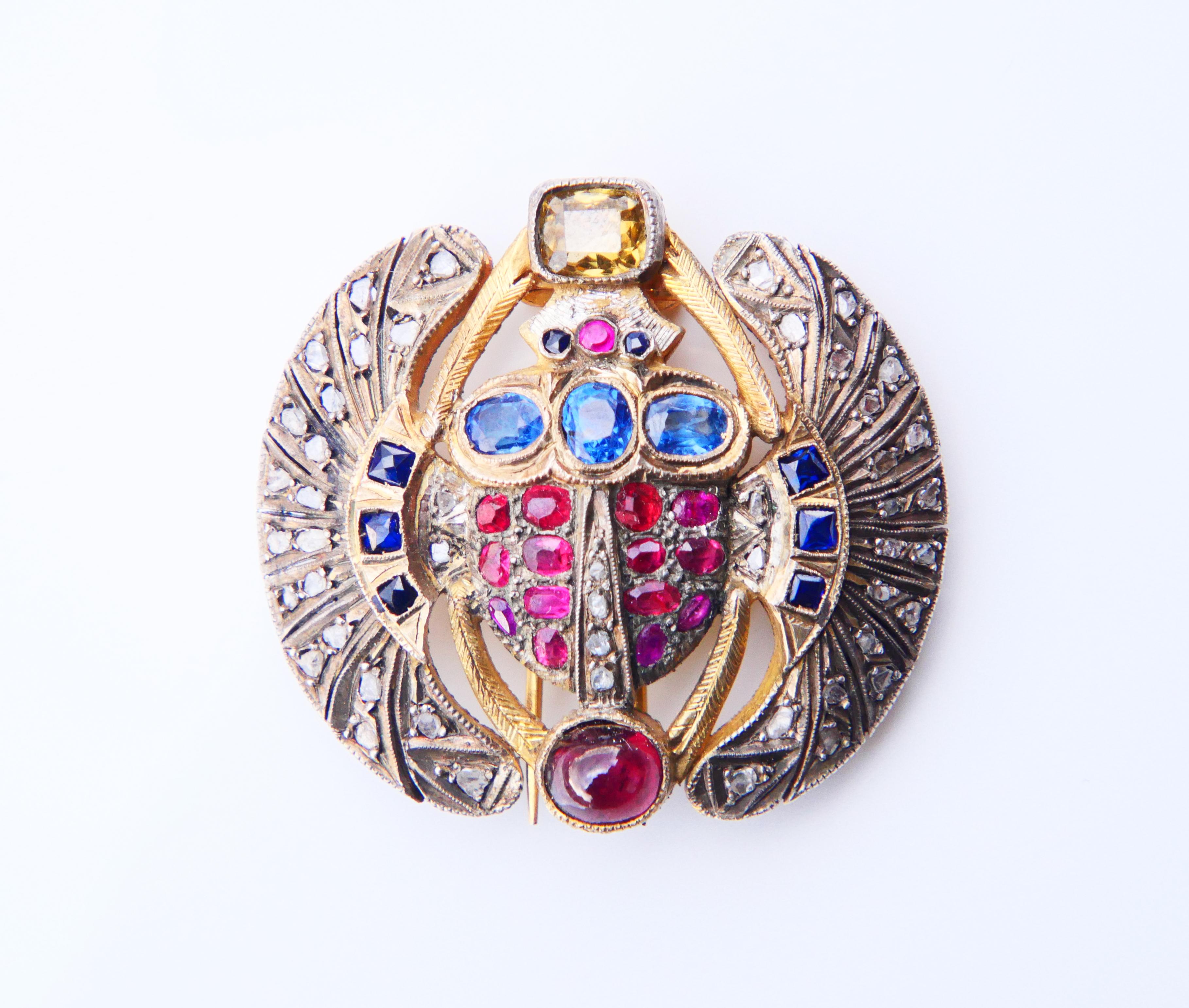 Egyptian Revival Antique Egyptian Scarab Brooch Ruby Sapphire Diamonds Citrine Garnet Gilt Silver For Sale