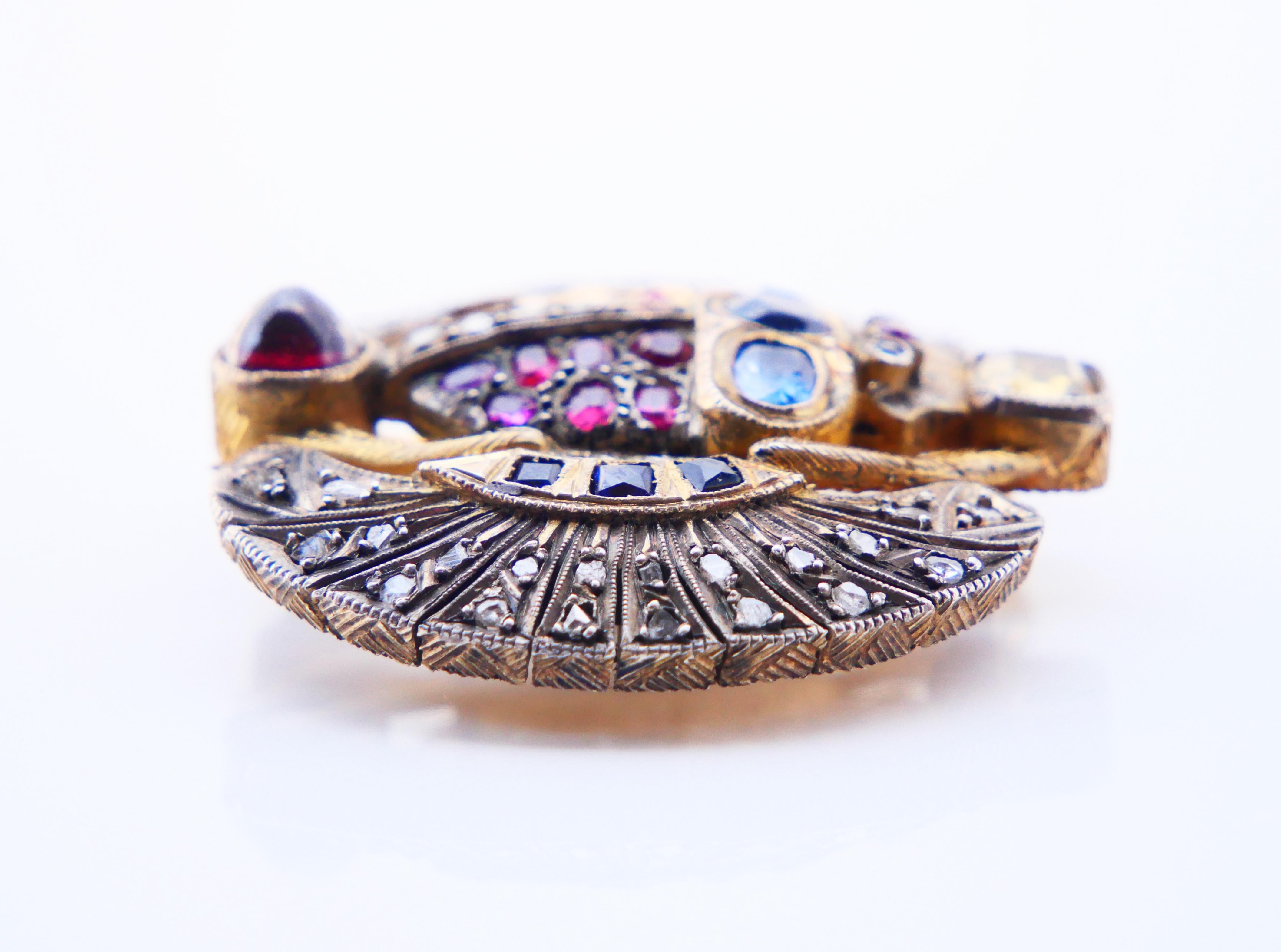 Old European Cut Antique Egyptian Scarab Brooch Ruby Sapphire Diamonds Citrine Garnet Gilt Silver For Sale