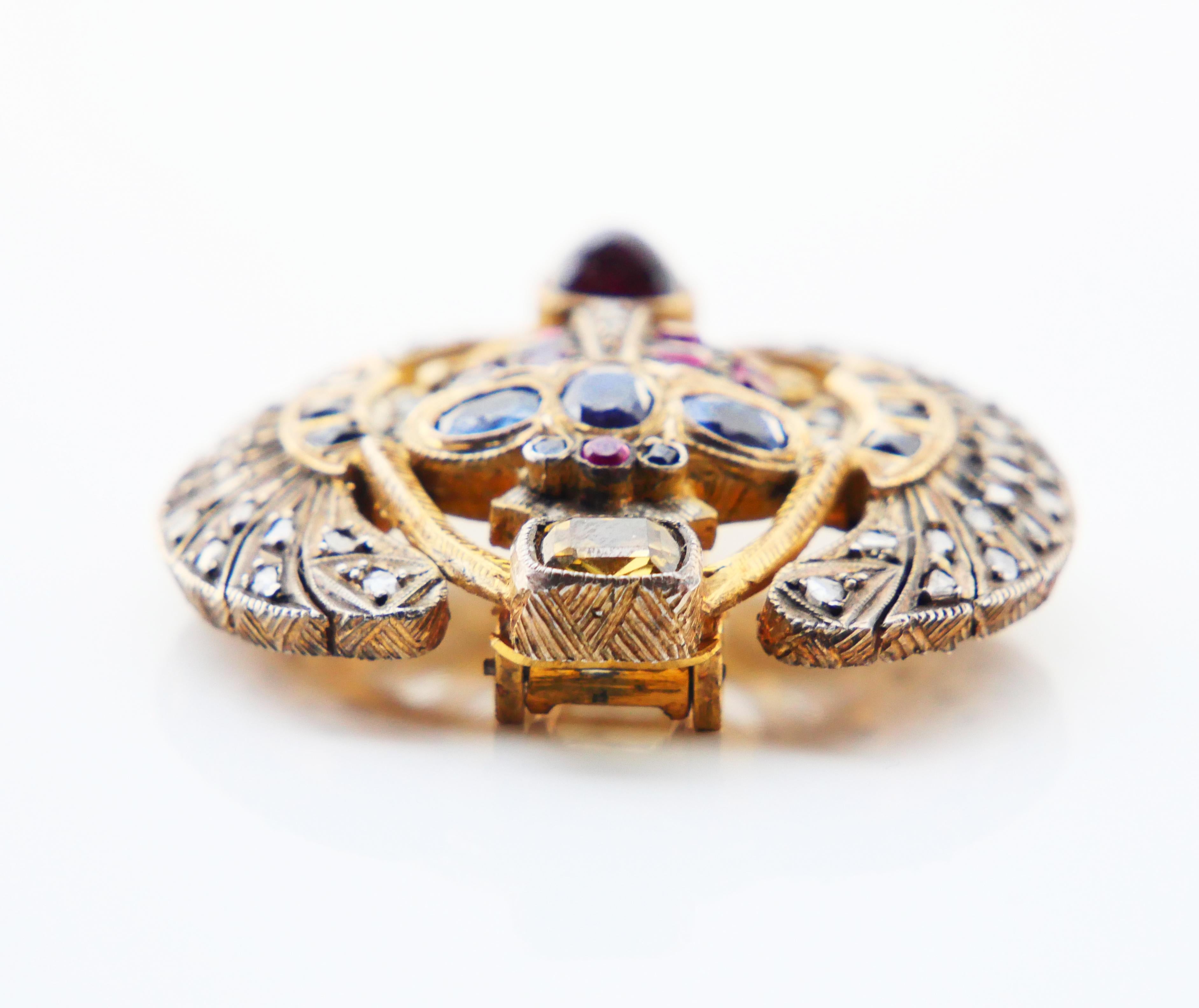 Women's or Men's Antique Egyptian Scarab Brooch Ruby Sapphire Diamonds Citrine Garnet Gilt Silver For Sale