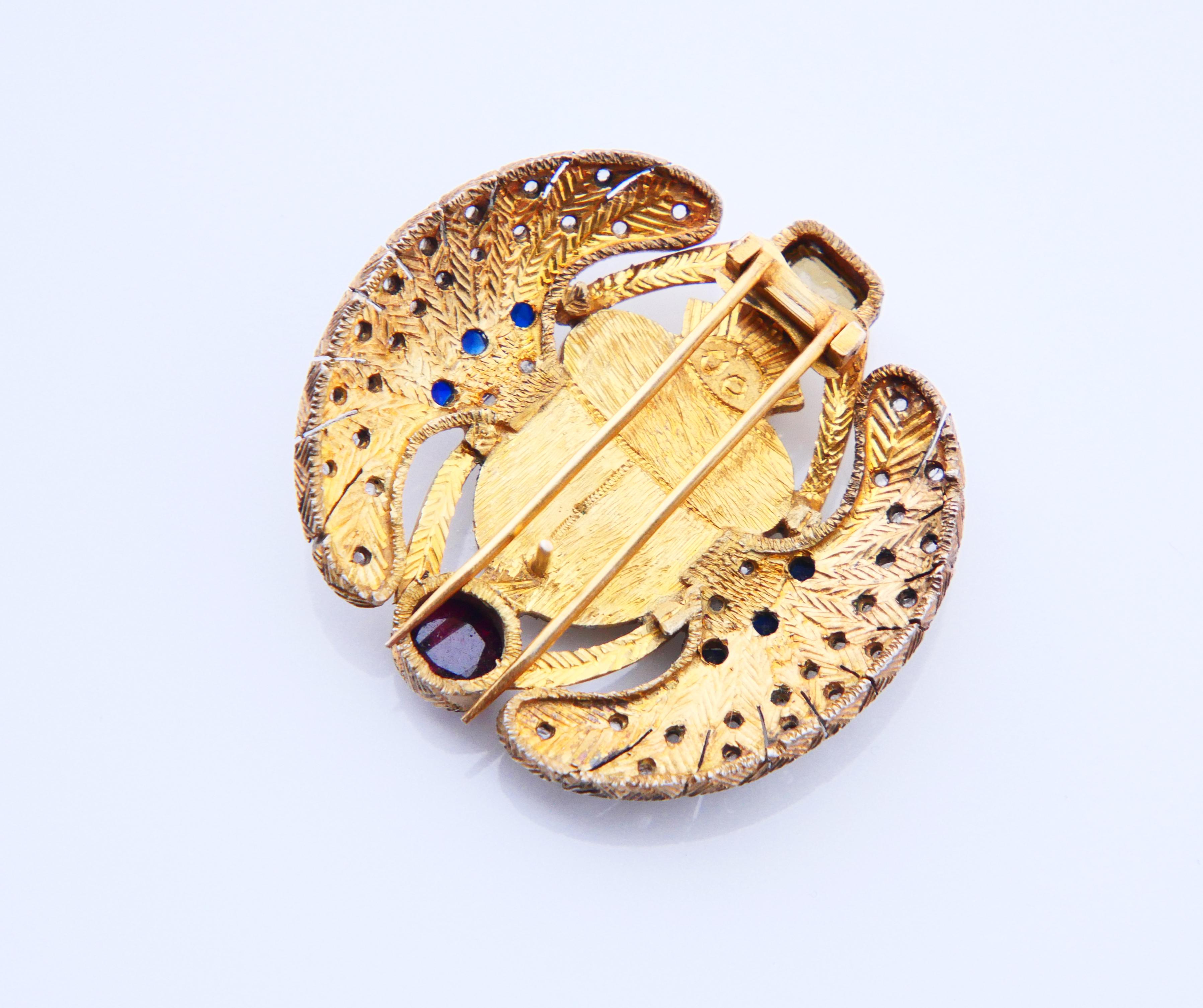 Antique Egyptian Scarab Brooch Ruby Sapphire Diamonds Citrine Garnet Gilt Silver For Sale 1