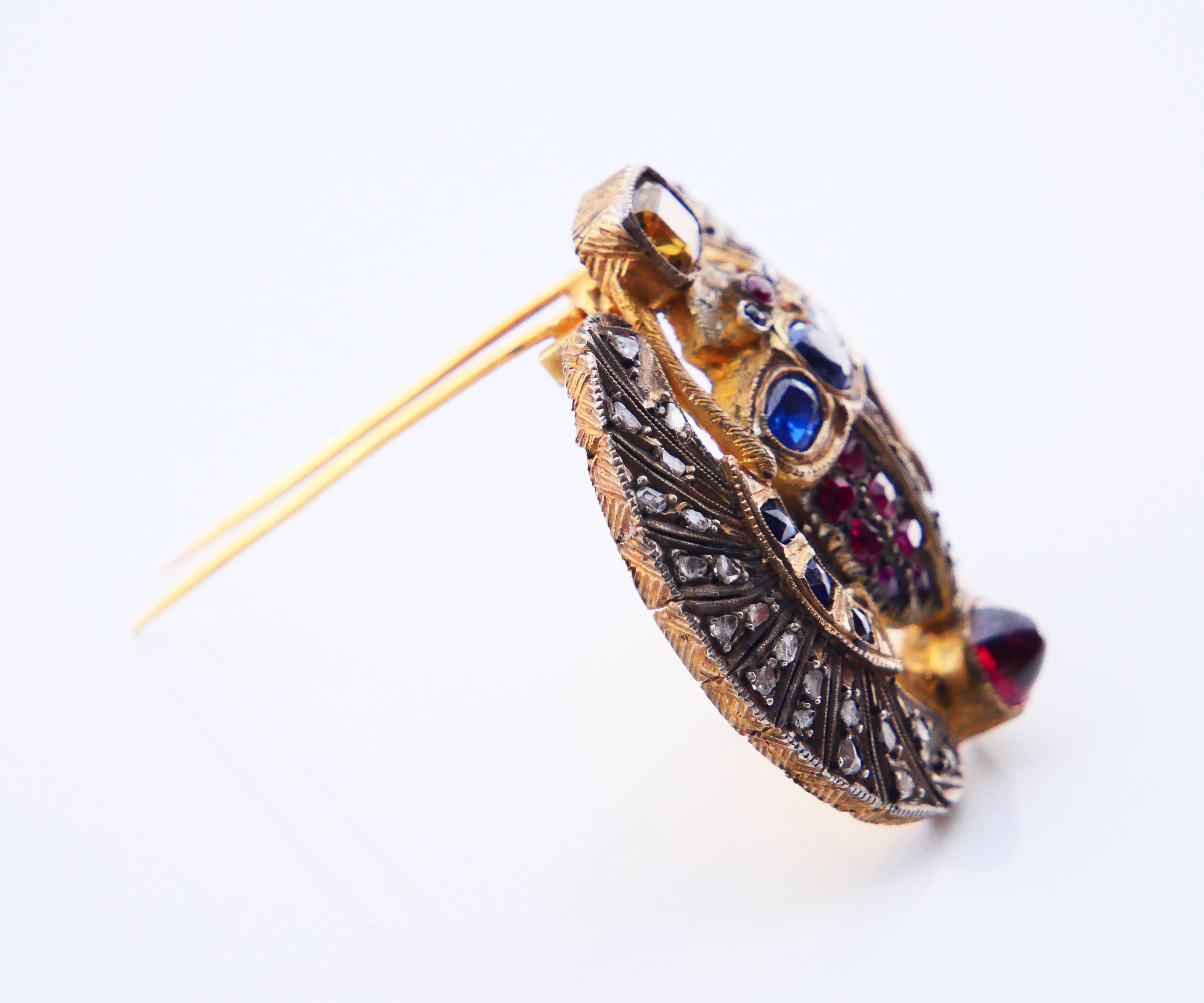 Antique Egyptian Scarab Brooch Ruby Sapphire Diamonds Citrine Garnet Gilt Silver For Sale 2