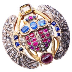 Antique Egyptian Scarab Brooch Ruby Sapphire Diamonds Citrine Garnet Gilt Silver