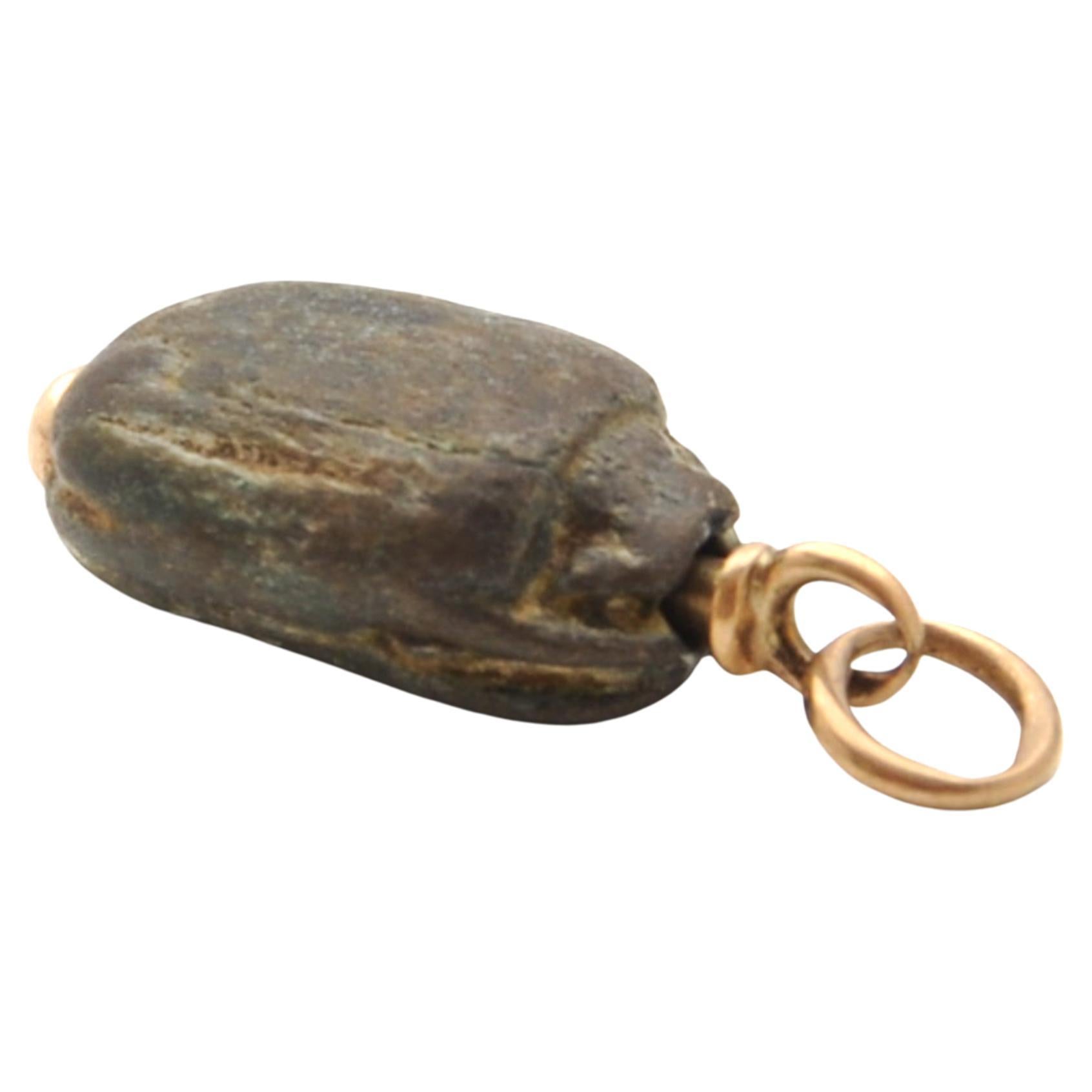 Antique Egyptian Scarab Stone Gold Charm Pendant For Sale