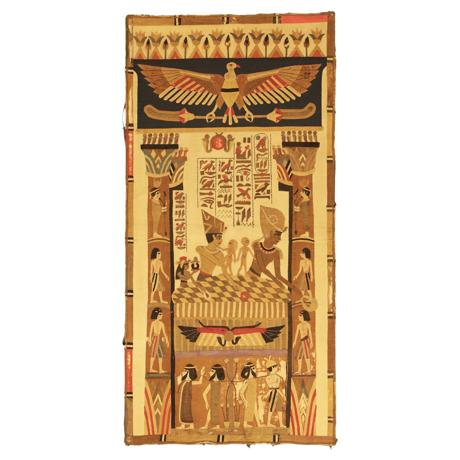 Antique Egyptian Textile  Hieroglyphics Design, ca. 1920 For Sale