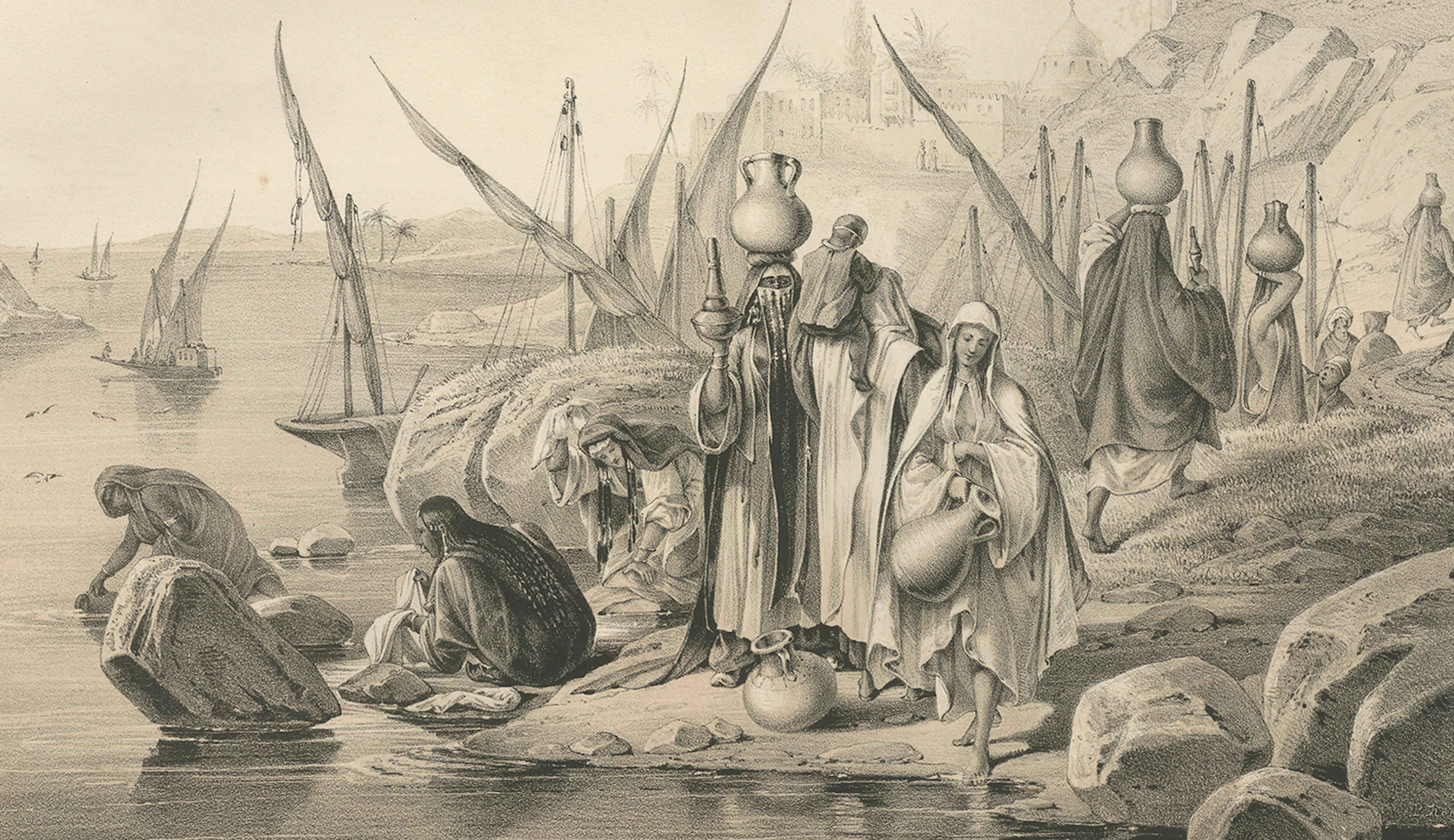 Antike ägyptische Frauen am Nil, Wasserszene aus Maximilian in Bayern, 1846 im Zustand „Gut“ im Angebot in Langweer, NL