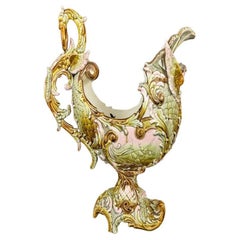 Antique Eichwald Majolica Figural Pastel Colored Cherub & Dragon Footed Bowl