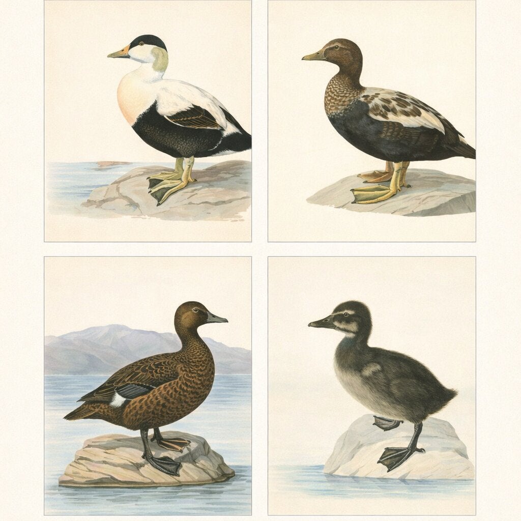 Antique Eider Duck Lithographs Set of 4, Somateria mollissima, Sweden 1929 For Sale