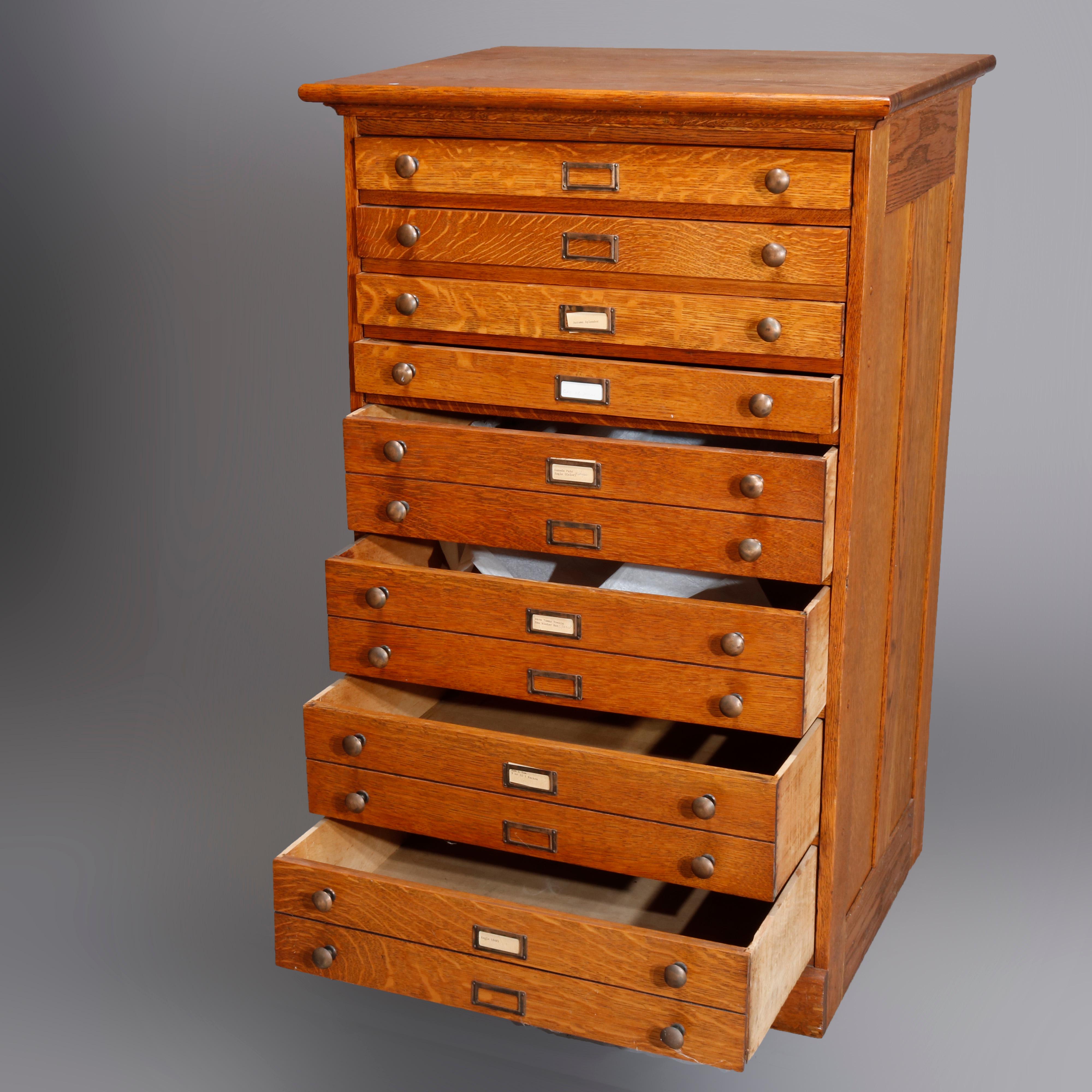 Arts and Crafts Antique Eight Drawer Oak Map, Art or Print File Cabinet, circa 1910