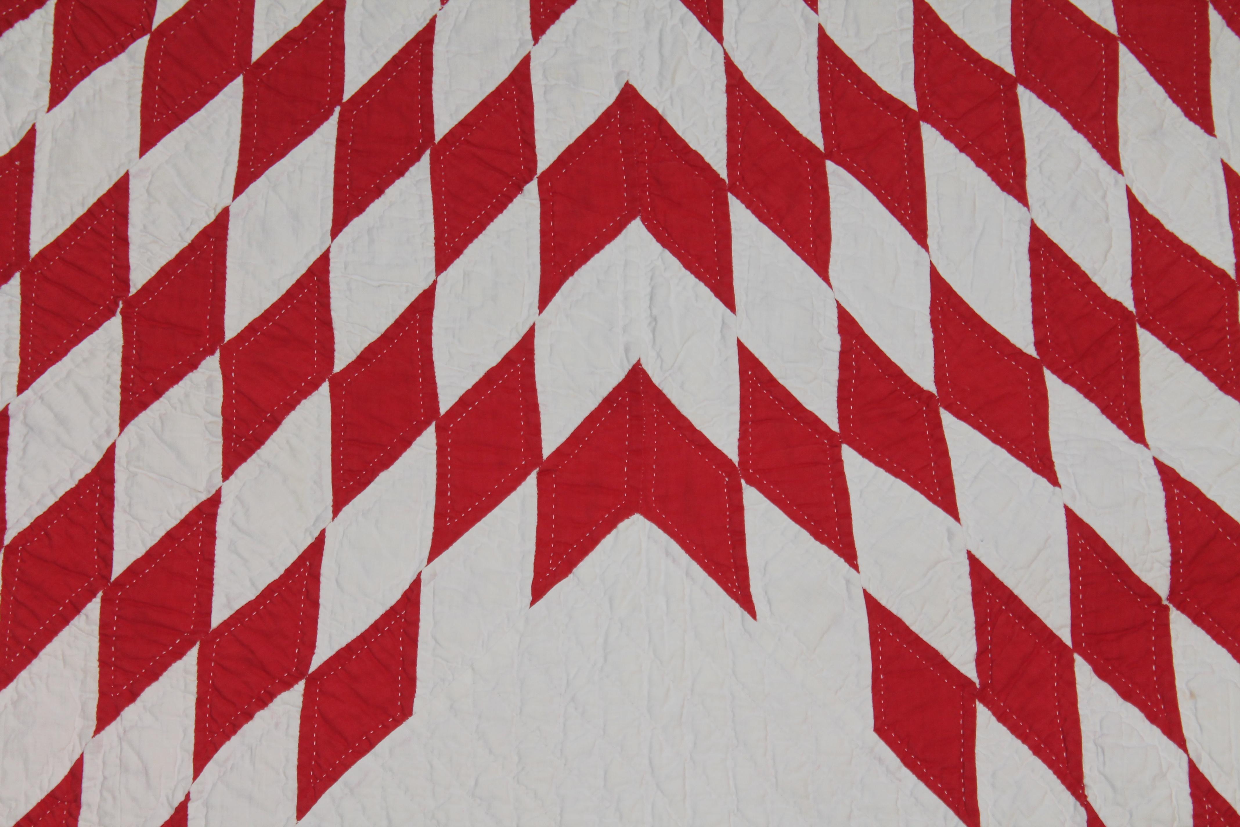 Hand-Crafted Antique Eight Point Star Quilt in Red & White