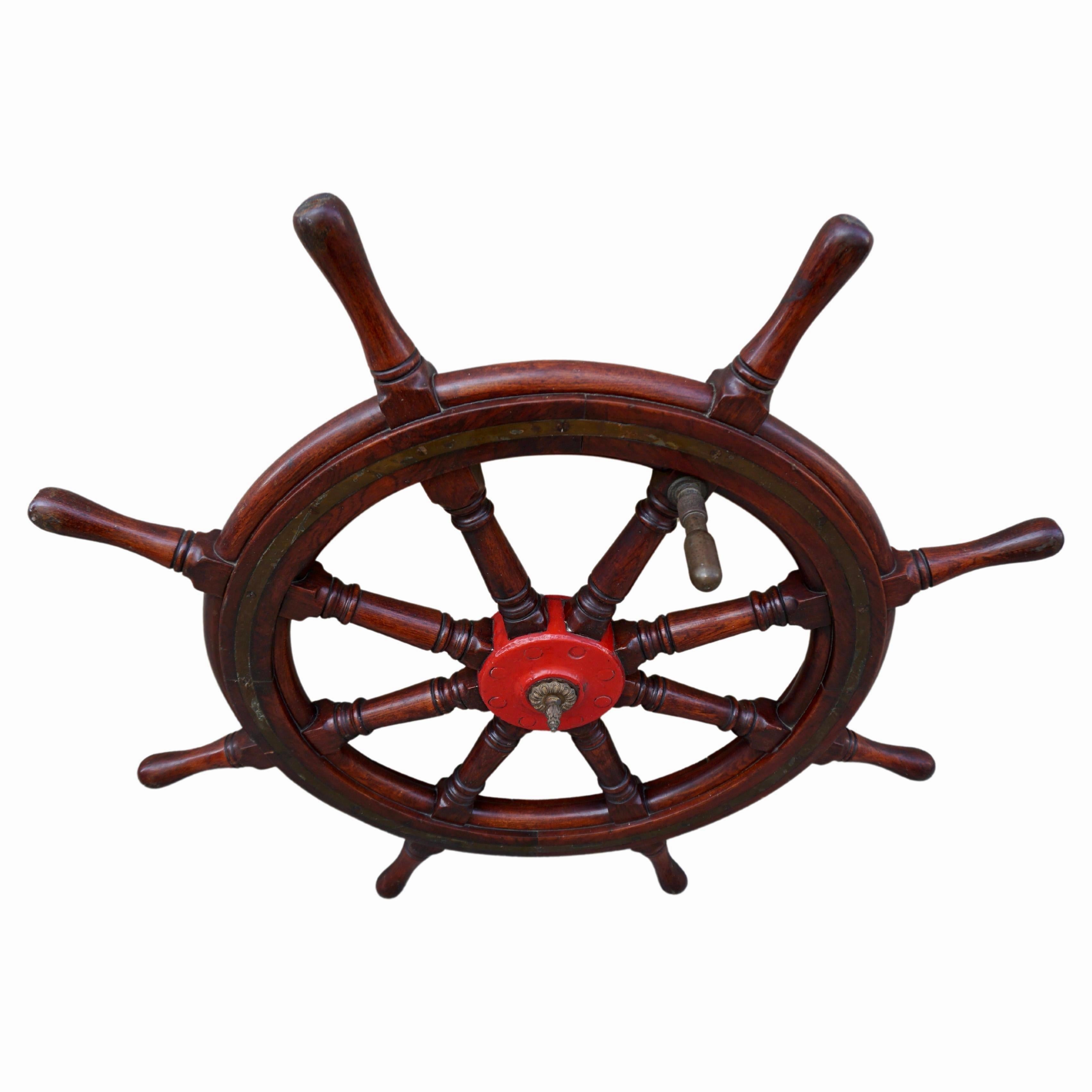 Antique Eight Spoke Mahogany Ship Boat Steering Wheel Nautical Maritime For Sale 3