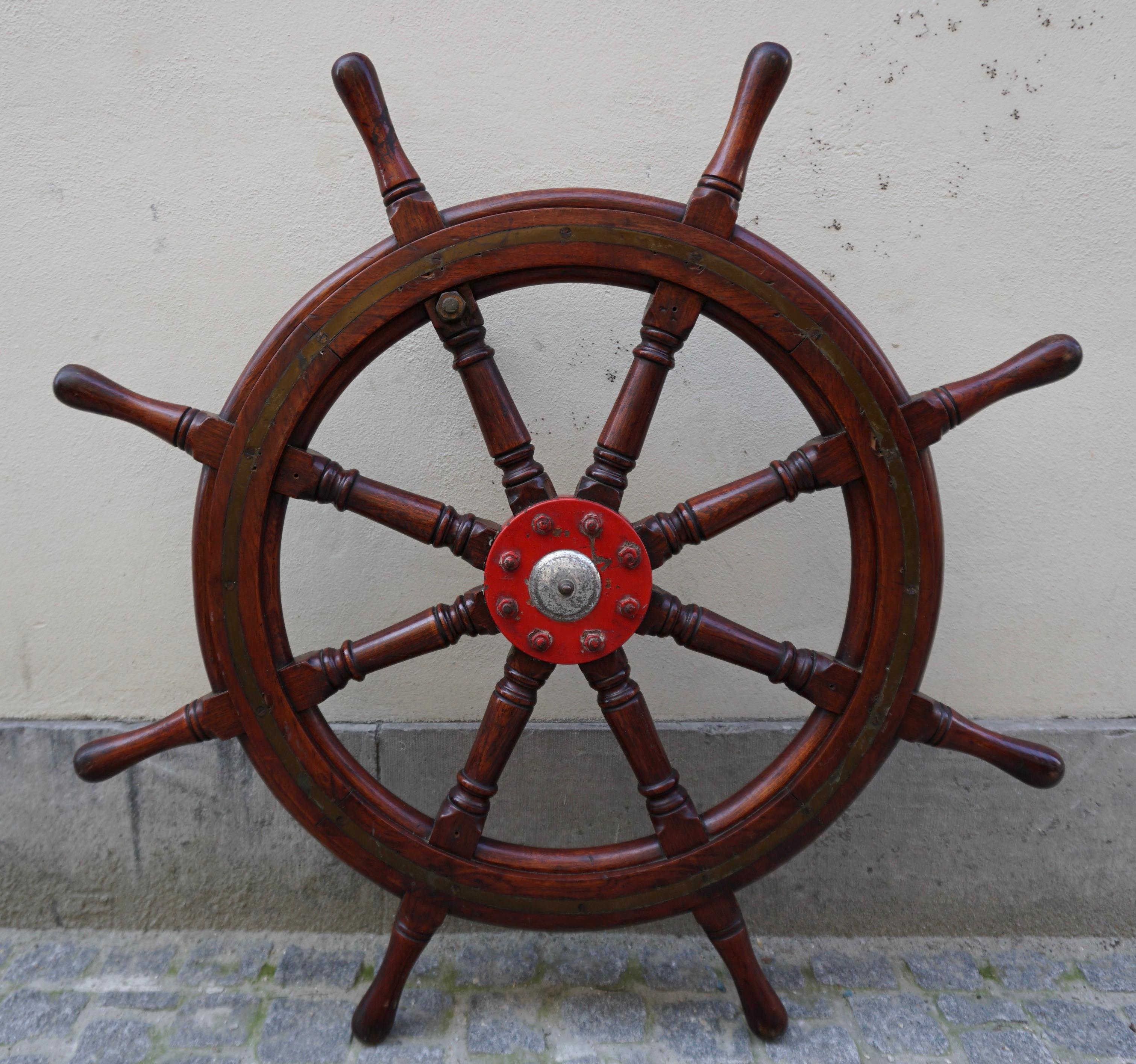 Industrial Antique Eight Spoke Mahogany Ship Boat Steering Wheel Nautical Maritime For Sale