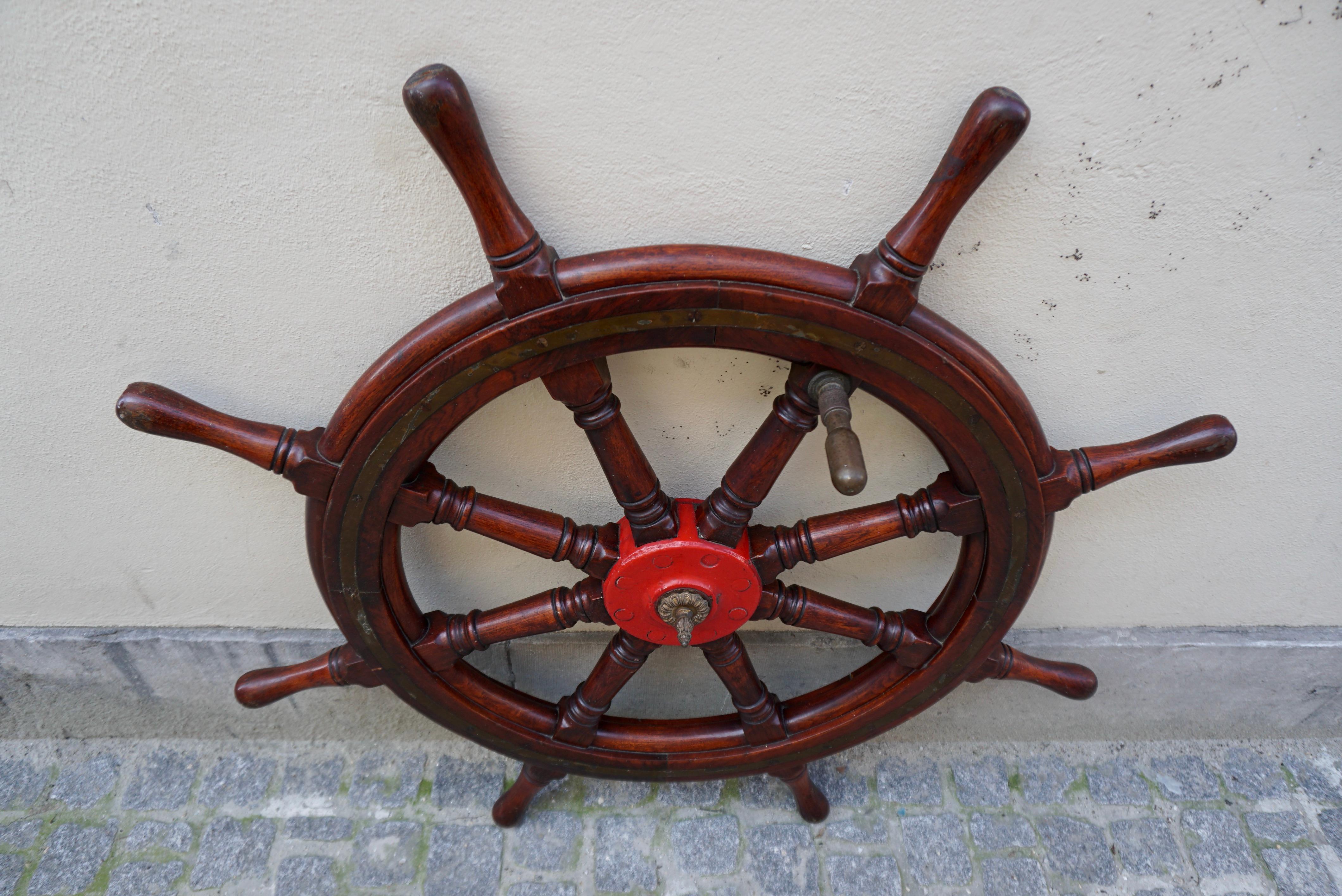 Belgian Antique Eight Spoke Mahogany Ship Boat Steering Wheel Nautical Maritime For Sale