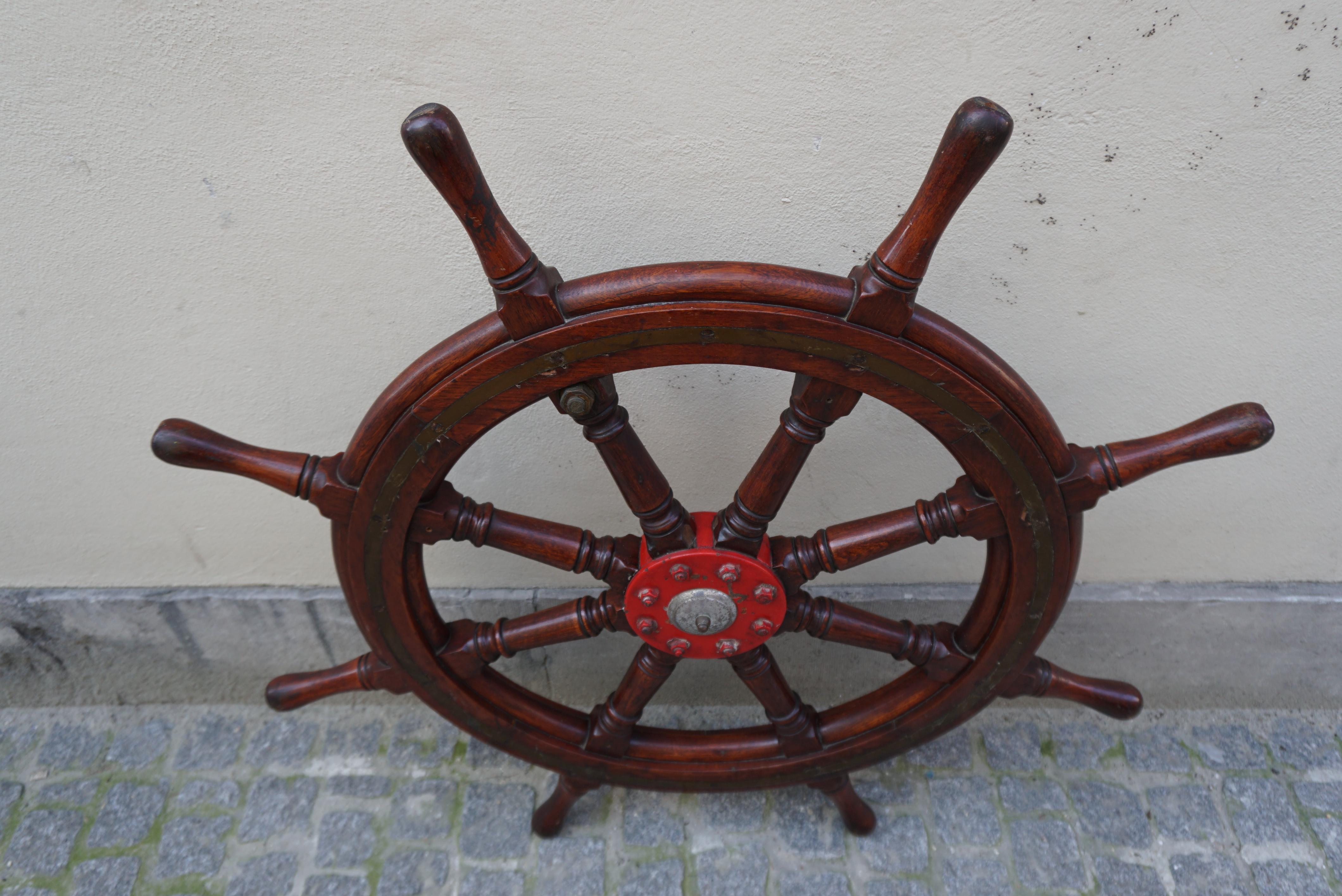 20th Century Antique Eight Spoke Mahogany Ship Boat Steering Wheel Nautical Maritime For Sale