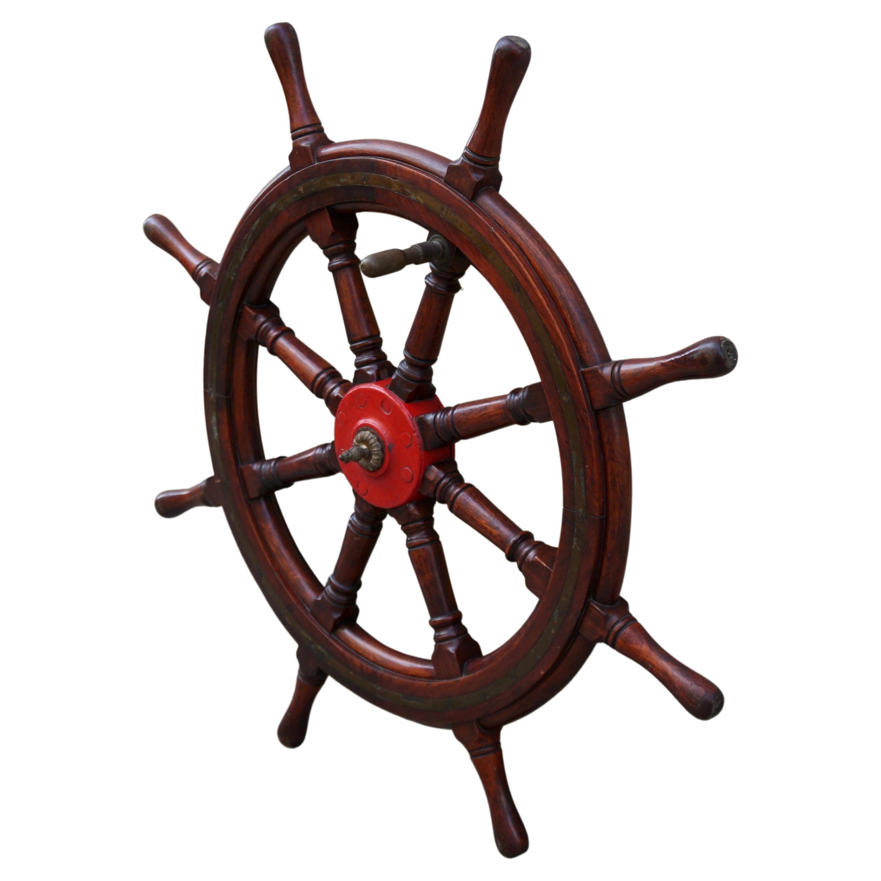Antique Eight Spoke Mahogany Ship Boat Steering Wheel Nautical Maritime For Sale